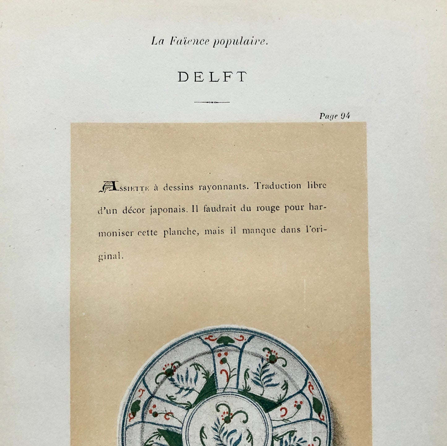 Delft Pottery. A Lithograph From La Faïence Populaire au XVIII Siecle by Mareschal. Dated 1872. Size: 26.7 x 17.2 cms.