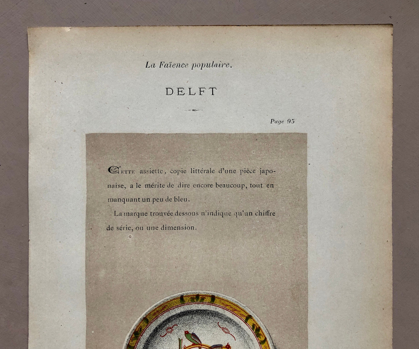 Delft. Faïence Pottery. A Lithograph From La Faïence Populaire au XVIII Siecle by Mareschal. Dated 1872. Size: 26.7 x 17.2 cms.