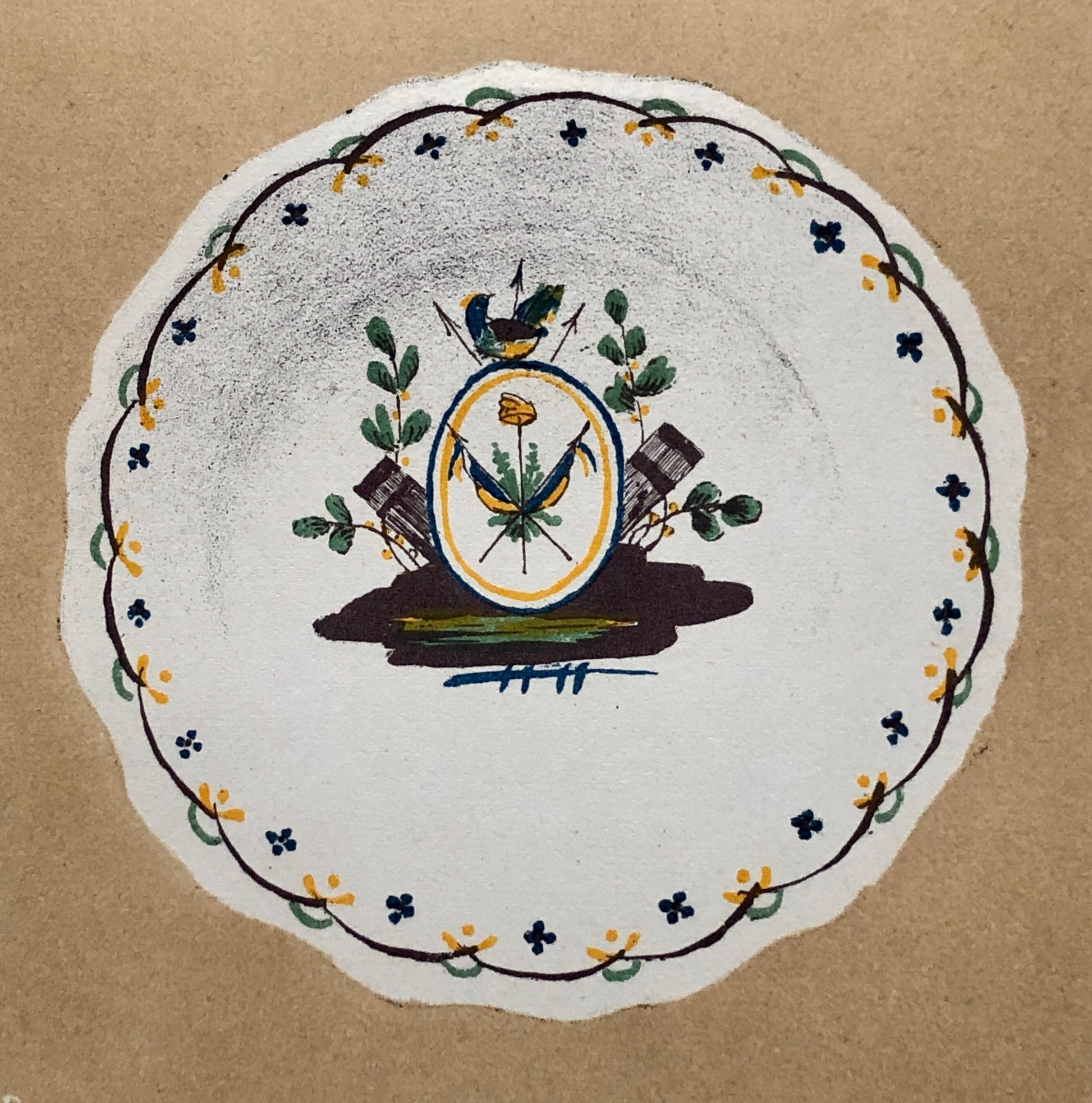 Nevers Faïence Pottery. An Original Lithograph From La Faïence Populaire au XVIII Siecle by Mareschal. Dated 1872. Size: 26.7 x 17.2 cms.