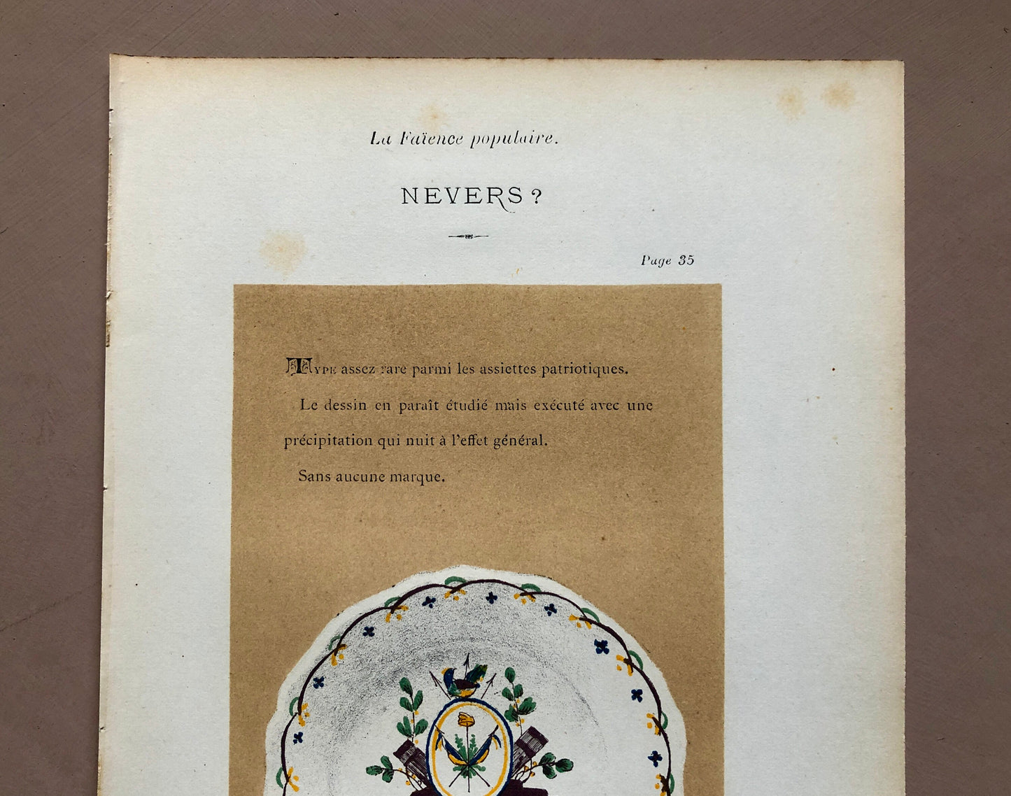 Nevers Faïence Pottery. An Original Lithograph From La Faïence Populaire au XVIII Siecle by Mareschal. Dated 1872. Size: 26.7 x 17.2 cms.