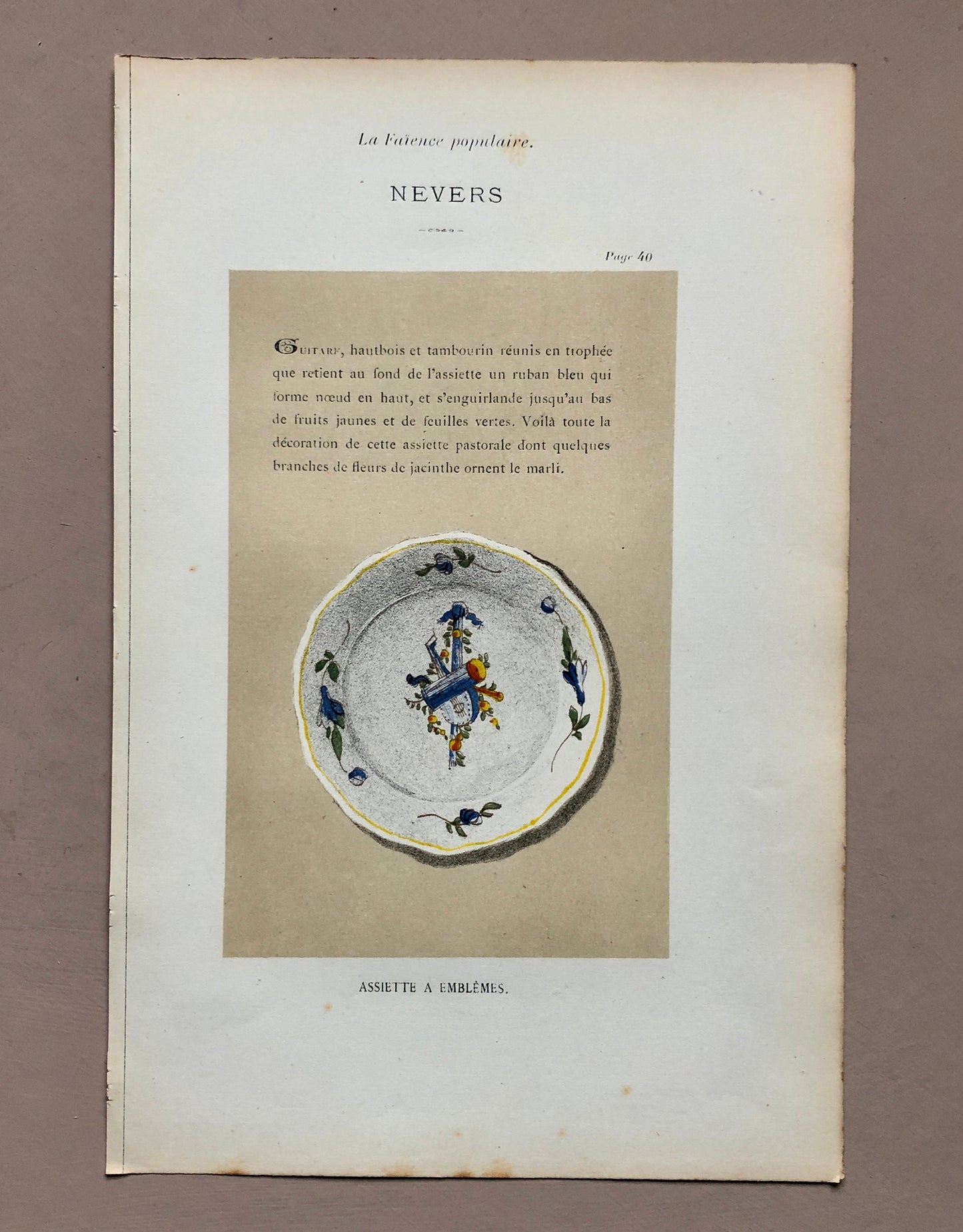 Nevers. Faïence Pottery. A Lithograph From La Faïence Populaire au XVIII Siecle by Mareschal. Dated 1872. Size: 26.7 x 17.2 cms.