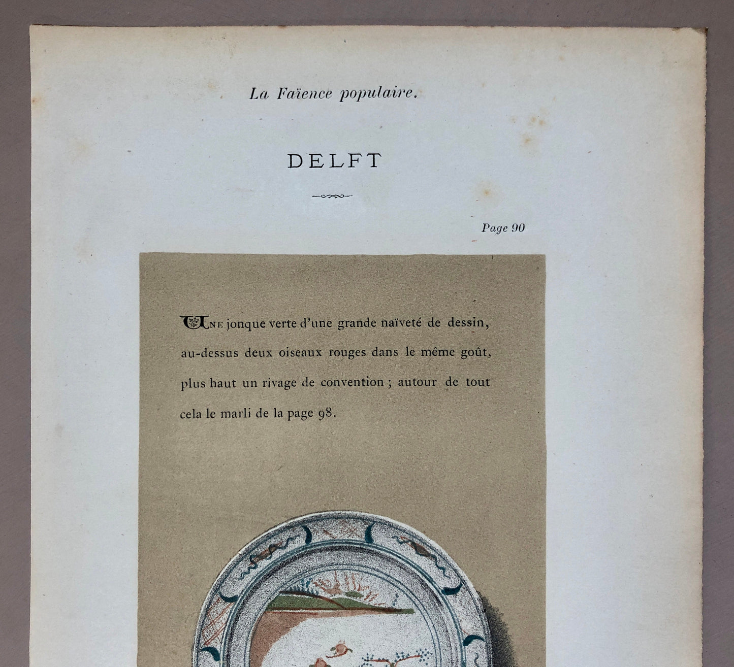 Delft. Faïence Pottery. A Lithograph From La Faïence Populaire au XVIII Siecle by Mareschal. Dated 1872. Size: 26.7 x 17.2 cms.