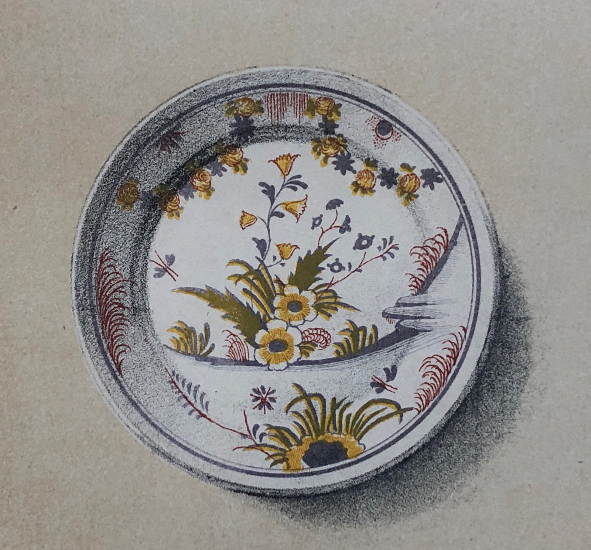 Faïence Rouen Pottery. A Lithograph From La Faïence Populaire au XVIII Siecle by Mareschal. Dated 1872. Size: 26.7 x 17.2 cms.