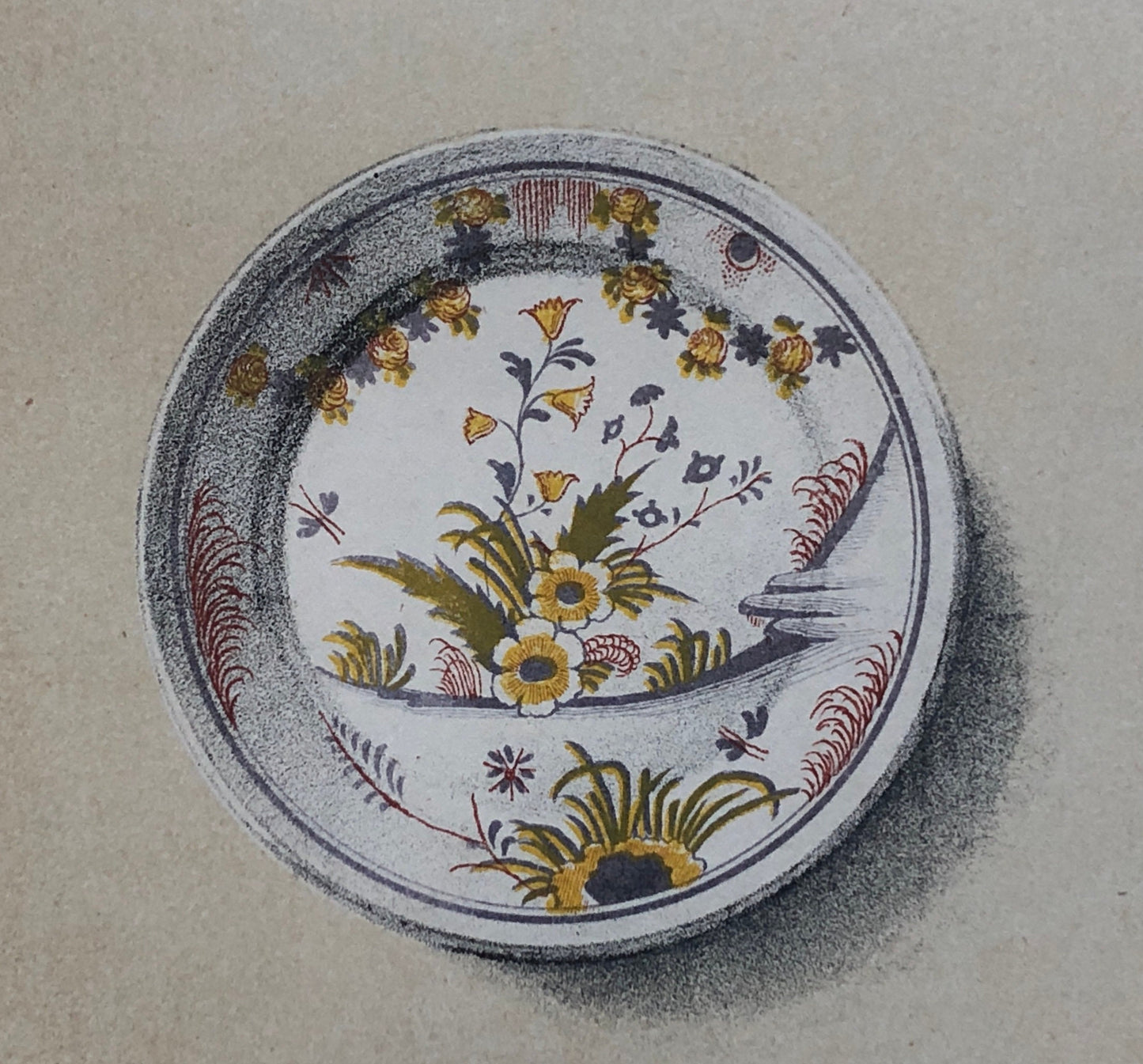 Faïence Rouen Pottery. A Lithograph From La Faïence Populaire au XVIII Siecle by Mareschal. Dated 1872. Size: 26.7 x 17.2 cms.