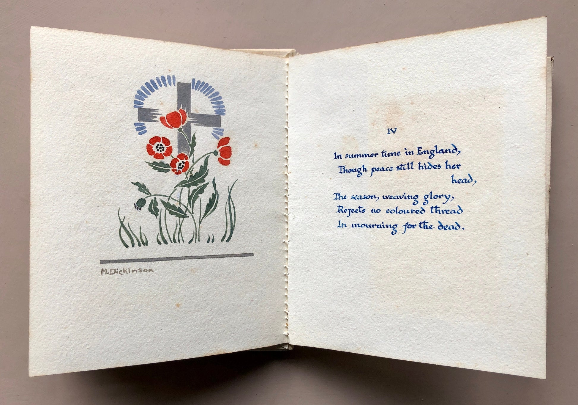 Summer in War-Time by Allan MacDonald Laing. A handmade book with poem amd watercolour illustrations by M. Dickinson. 15 x 12.5 cms.