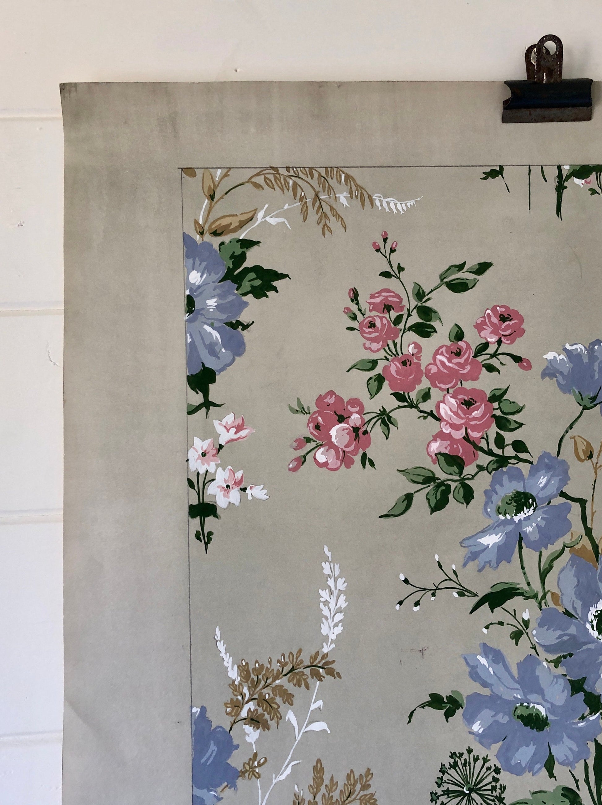An Original Textile Design for Upholstery. Very Large. Hand painted. From The Atelier Artilia, Paris. 1960’s. Size: 85 x 70 cms