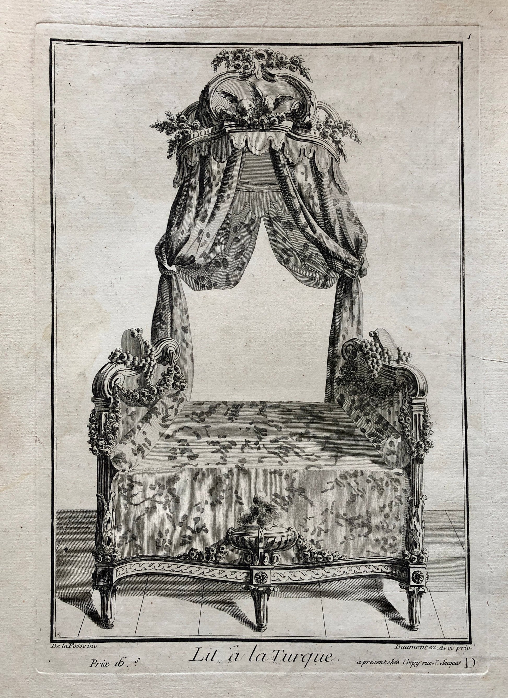 Lit à la Turque. A Copper plate Etching From Ameublement by Jean de la Fosse. Circa 1771. Size: 46 x 30.7 cms.