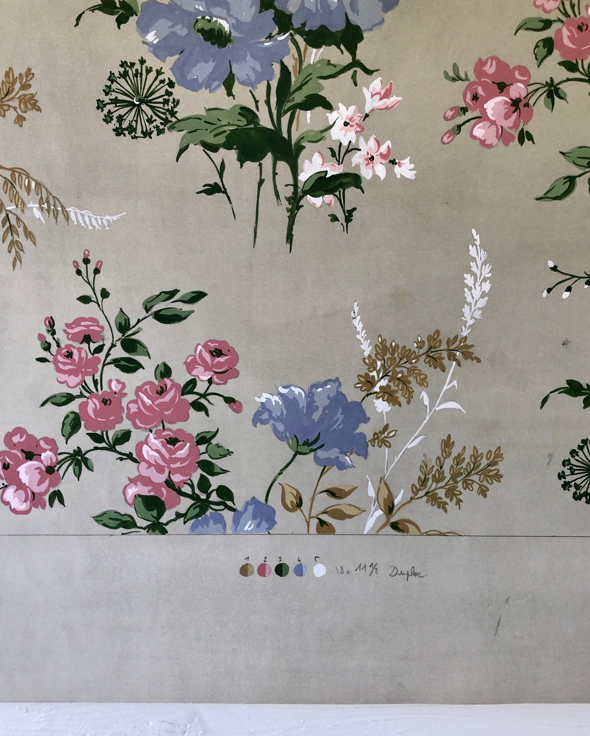 An Original Textile Design for Upholstery. Very Large. Hand painted. From The Atelier Artilia, Paris. 1960’s. Size: 85 x 70 cms