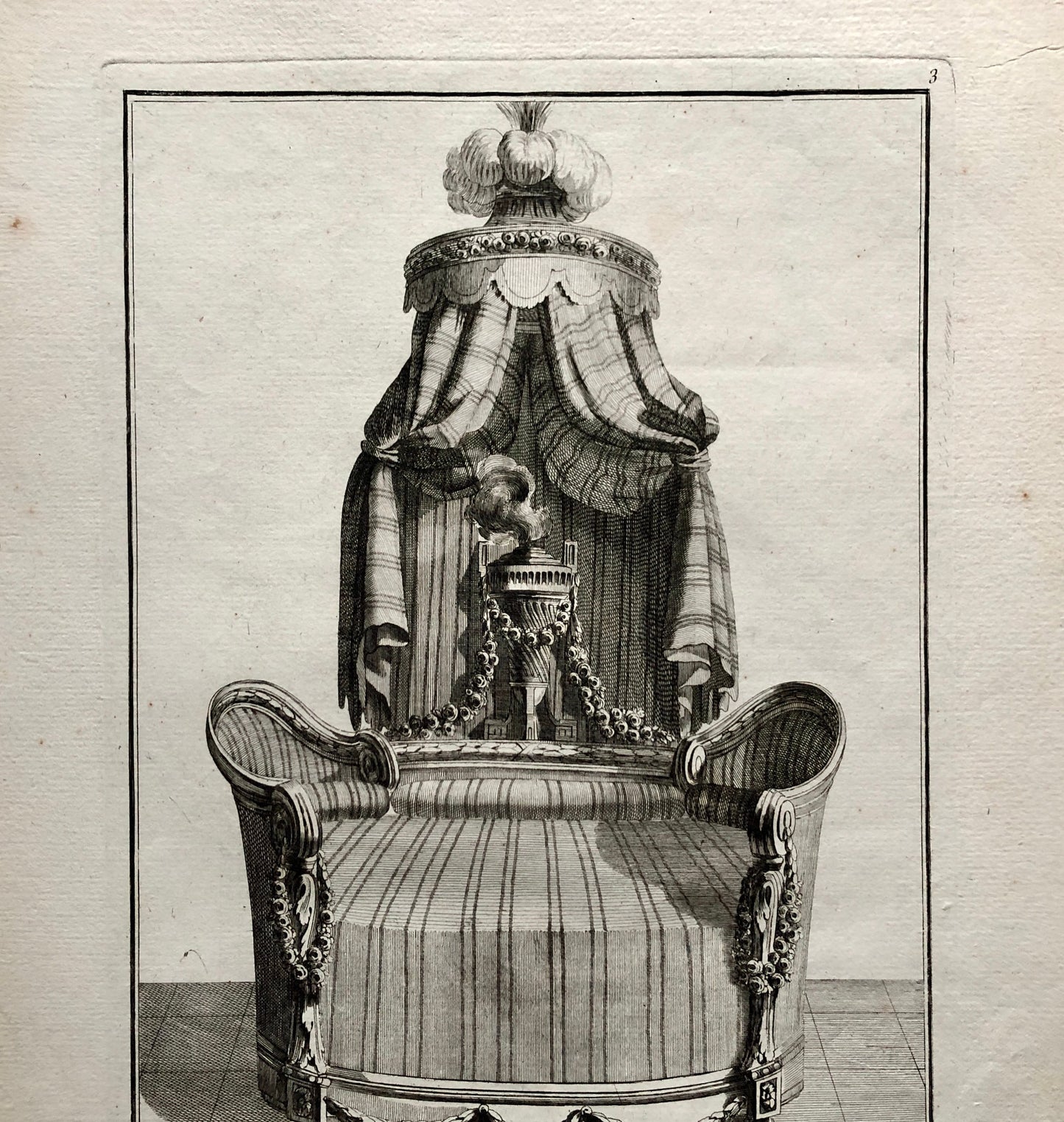 Lit a l’Italienne. A Copper plate Etching from Ameublement by Jean de la Fosse. Circa 1771. Size: 46 x 31 cms.