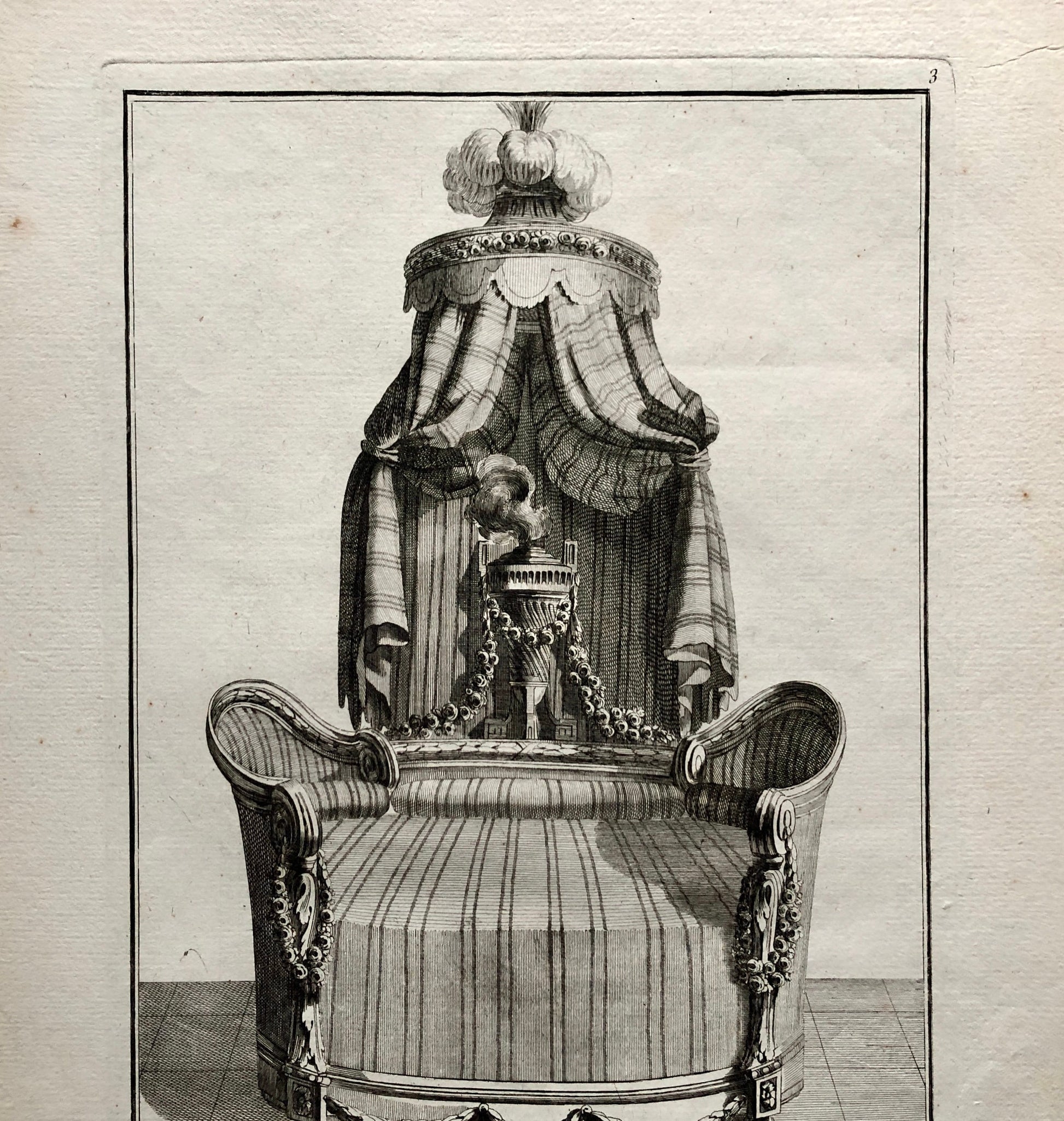 Lit a l’Italienne. A Copper plate Etching from Ameublement by Jean de la Fosse. Circa 1771. Size: 46 x 31 cms.