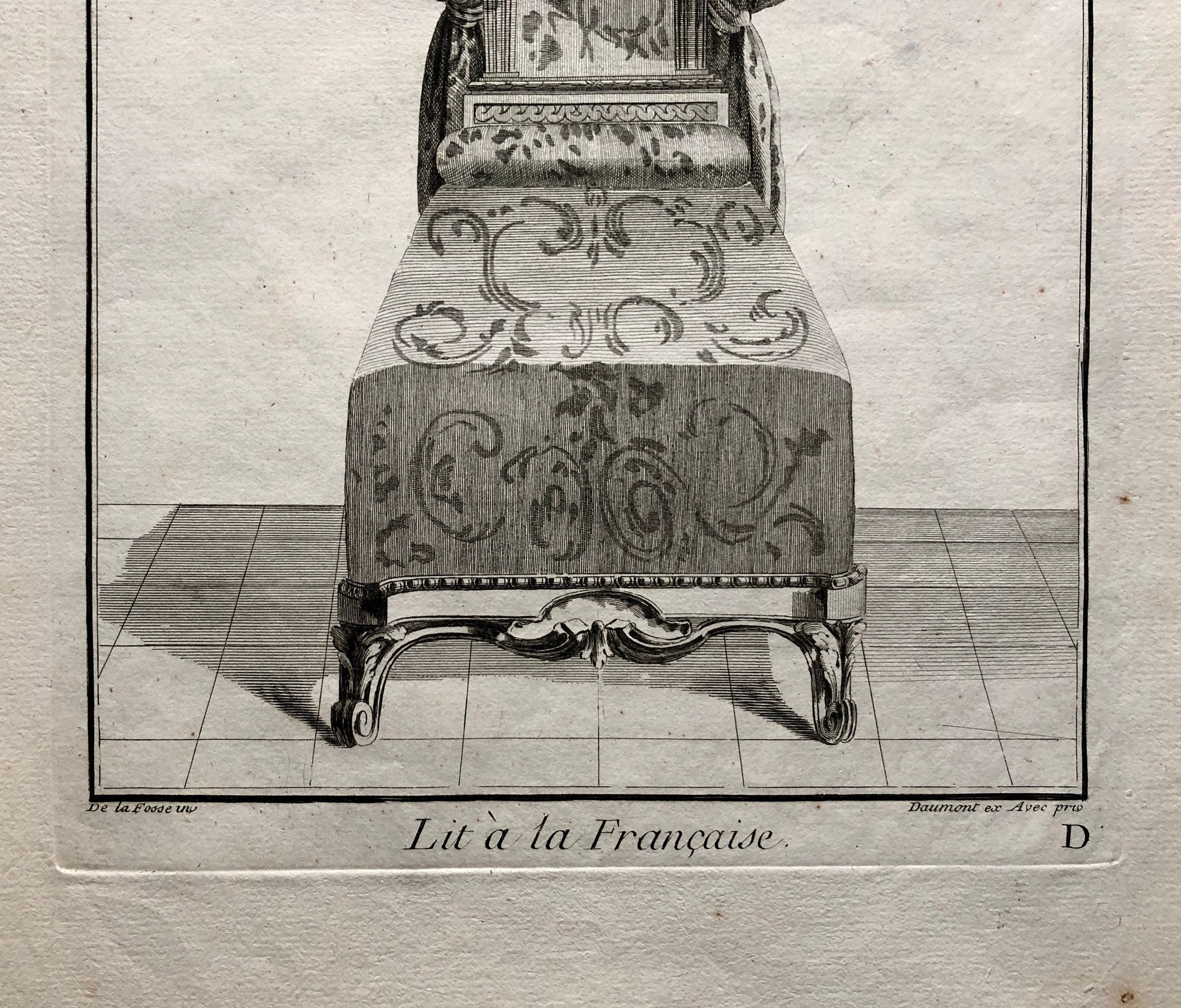 Lit à la Francaise. A Copper plate Etching From Ameublement by Jean de la Fosse. Circa 1771. Size: 46 x 31 cms.