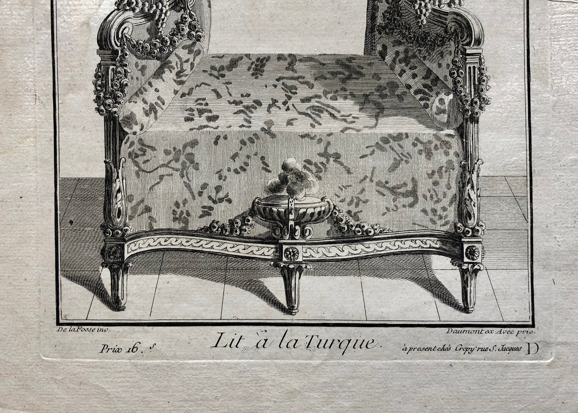Lit à la Turque. A Copper plate Etching From Ameublement by Jean de la Fosse. Circa 1771. Size: 46 x 30.7 cms.
