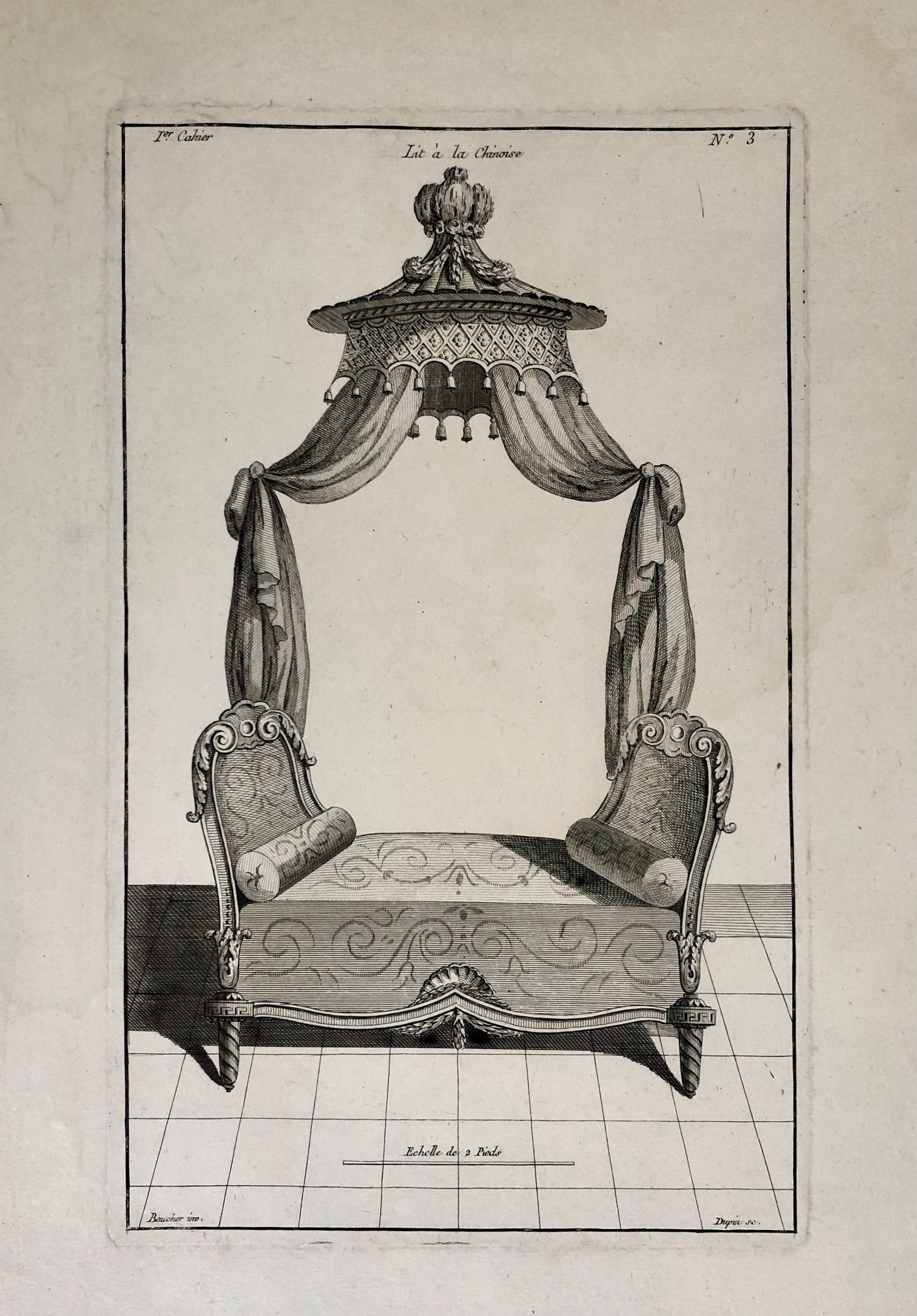 Lit à la Chinoise. A Copper Engraving From Livre de Meubles by Juste-Francois Boucher. Circa 1780. Size: 46 x 30.5cms