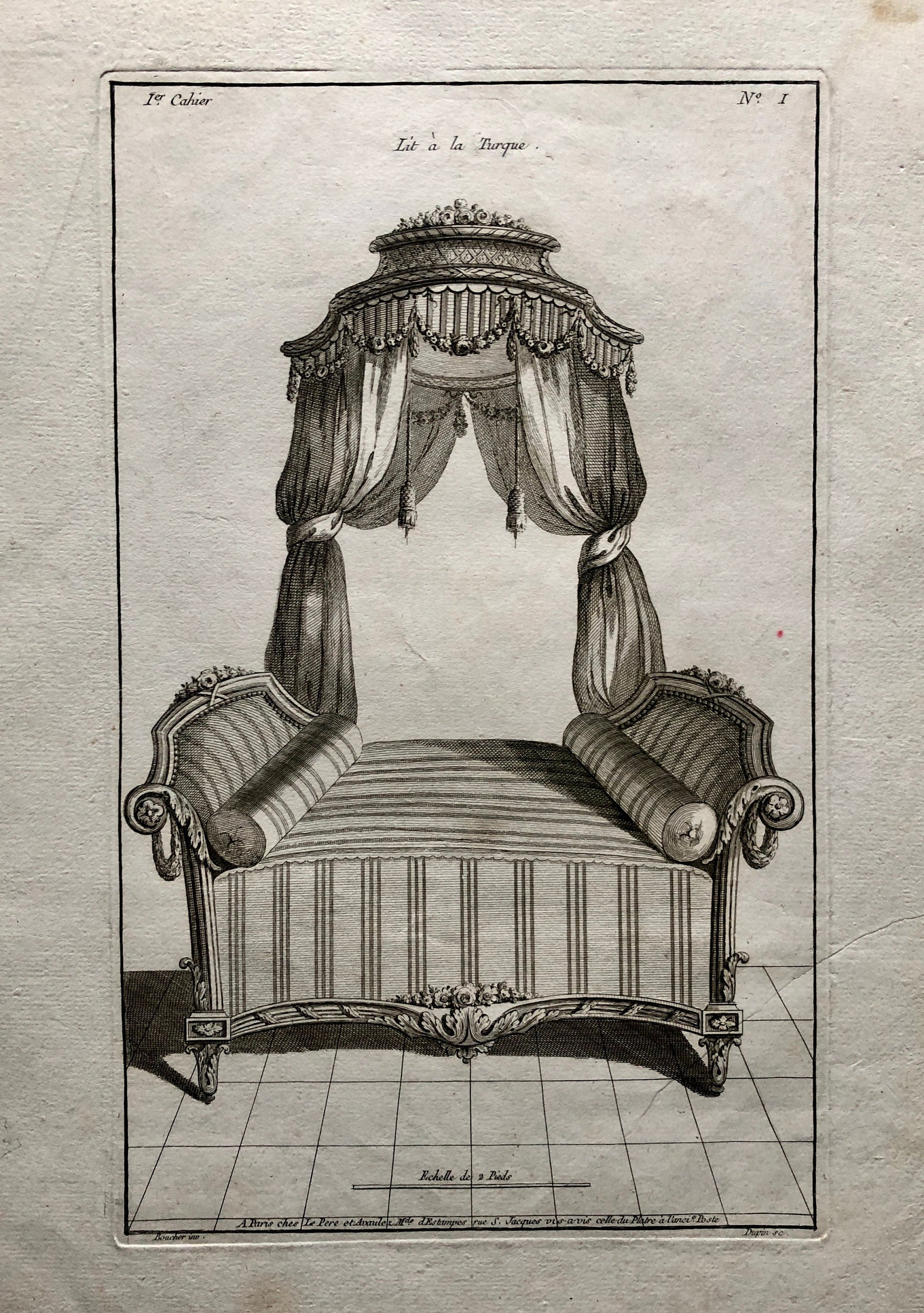 Lit à La Turque. A Copper Engraving From Livre de Meubles by Juste-Francois Boucher. Circa 1780. Size: 46 x 30.6 cms