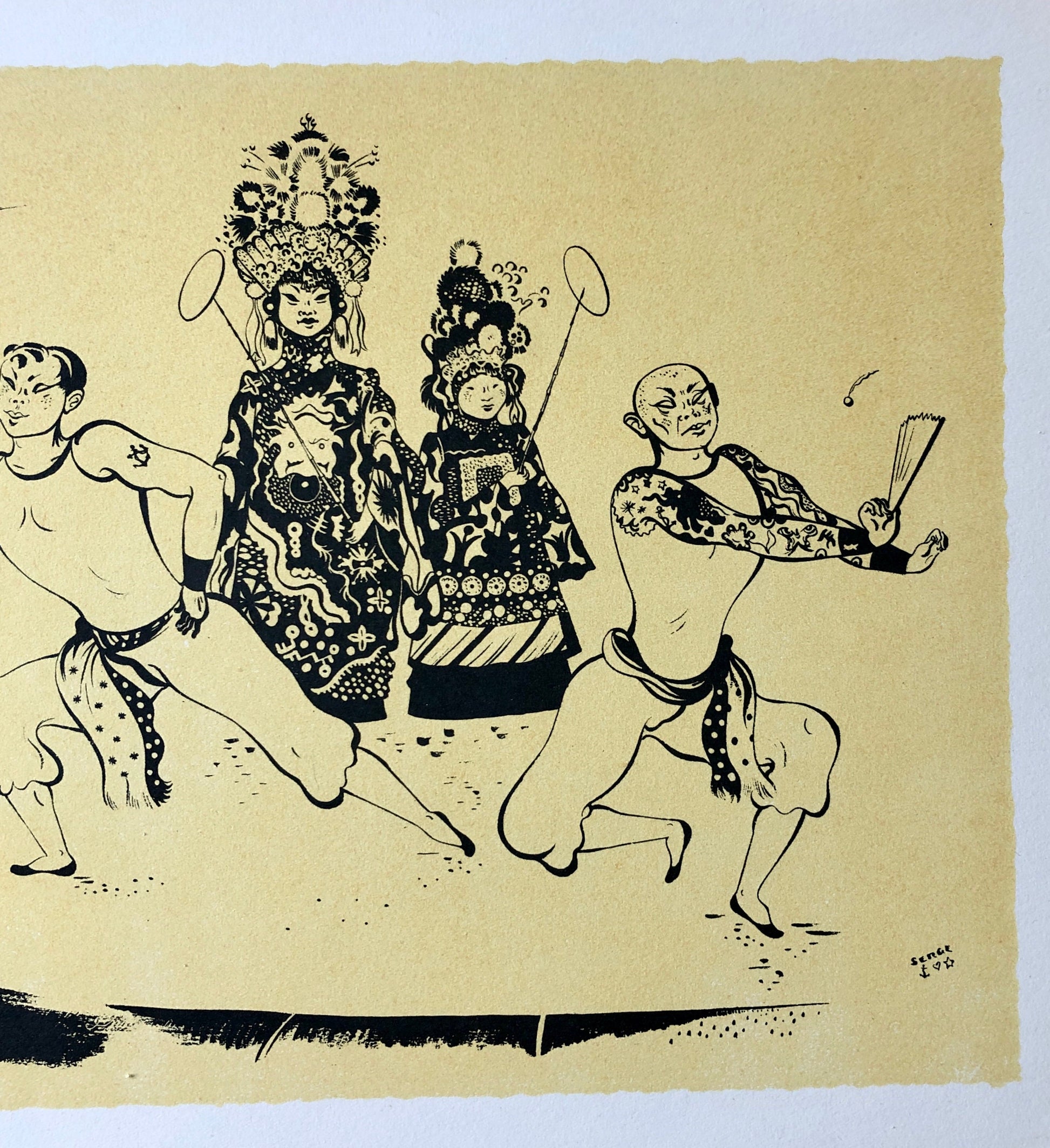 Troupe Chinoise. An Original Lithograph From The Parorama Du Cirque by Serge. One of only 1000 produced in 1944. Size: 23.8 x 29.7 cms.