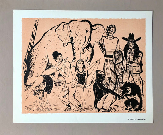 Dans Le Campement. A Lithograph From Le Parorama Du Cirque by Serge. One of only 1000 produced in 1944. Size: 23.8 x 29.7 cms.