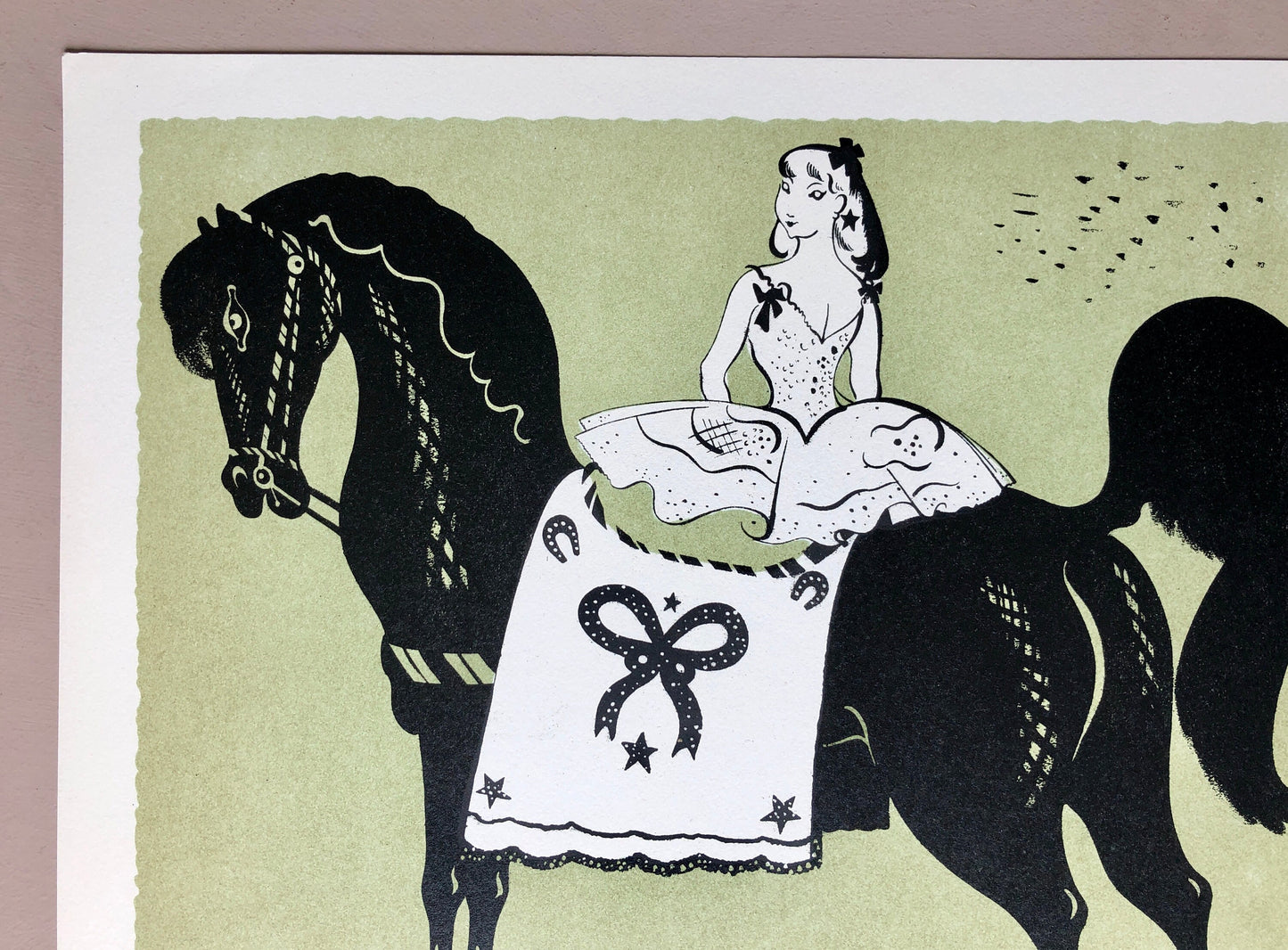 Le Cheval Noir. A Lithograph from Le Parorama Du Cirque by Serge. One of only 1000 produced in 1944. Size: 23.8 x 29.7 cms.t