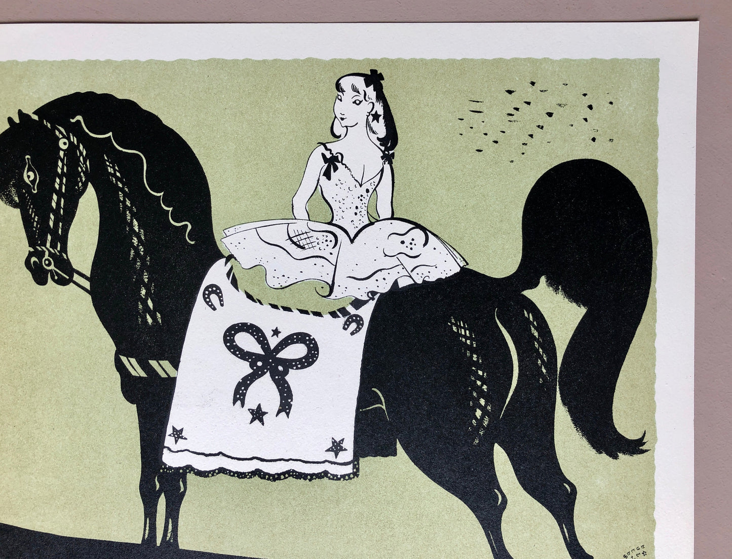 Le Cheval Noir. A Lithograph from Le Parorama Du Cirque by Serge. One of only 1000 produced in 1944. Size: 23.8 x 29.7 cms.t