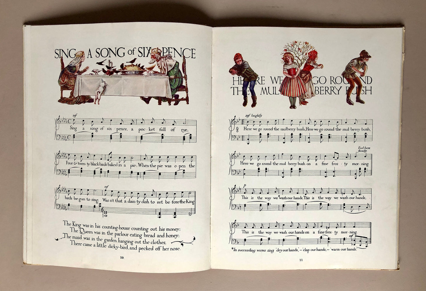 Sing A Song of Sixpence. Thirty Old-Time Nursery Songs. With 40 pictures in colour by Paul Woodroffe. Published in . Size: 31 x 24 cms.