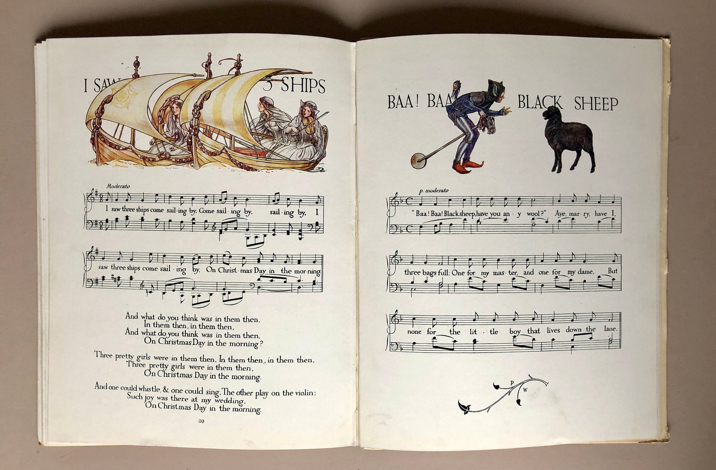 Sing A Song of Sixpence. Thirty Old-Time Nursery Songs. With 40 pictures in colour by Paul Woodroffe. Published in . Size: 31 x 24 cms.