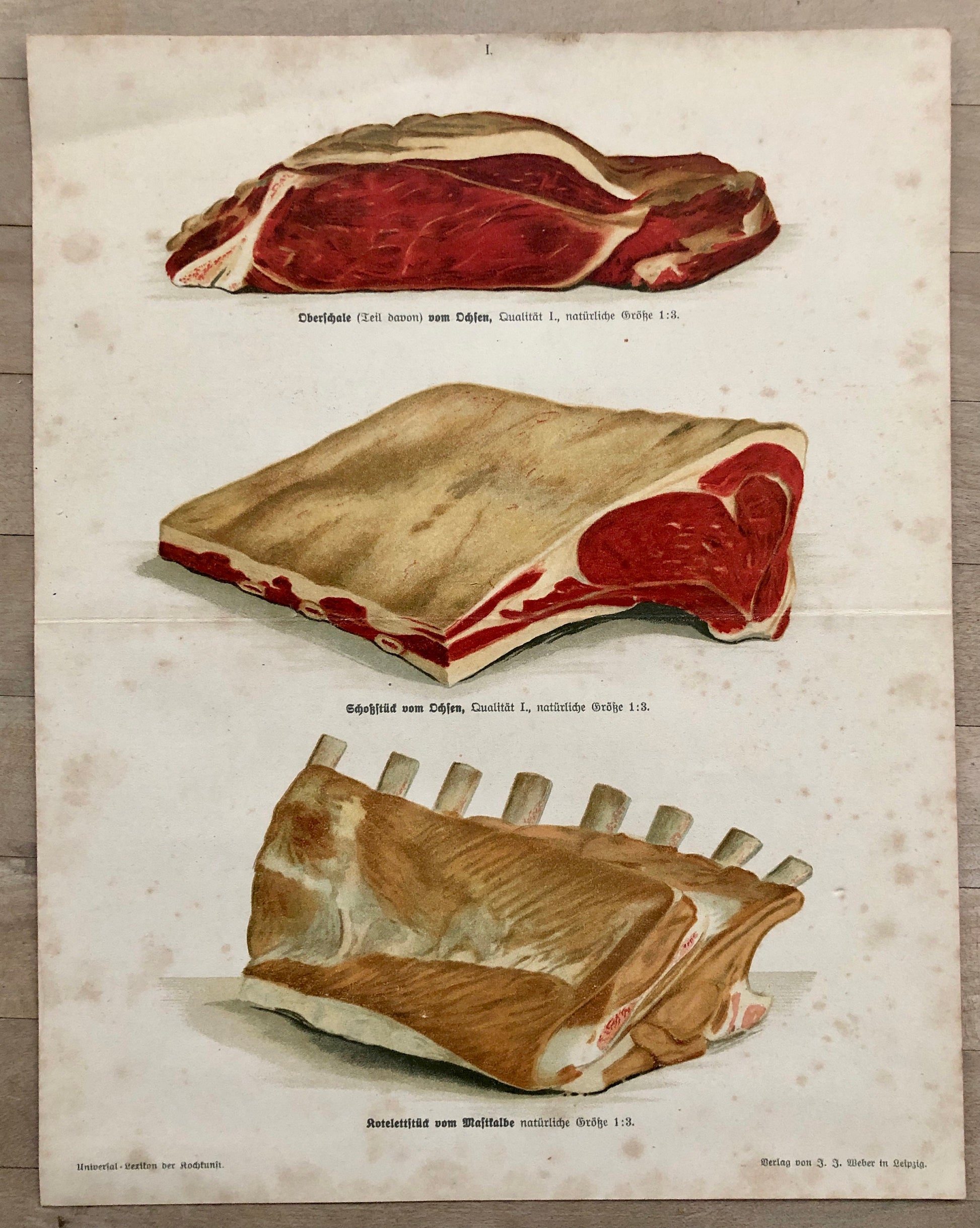 Three Large Prints From A German Cookbook Showing Various Cuts of Meat. Undated; the old script would suggest 1800’s. Size: 30 x 24 cms.