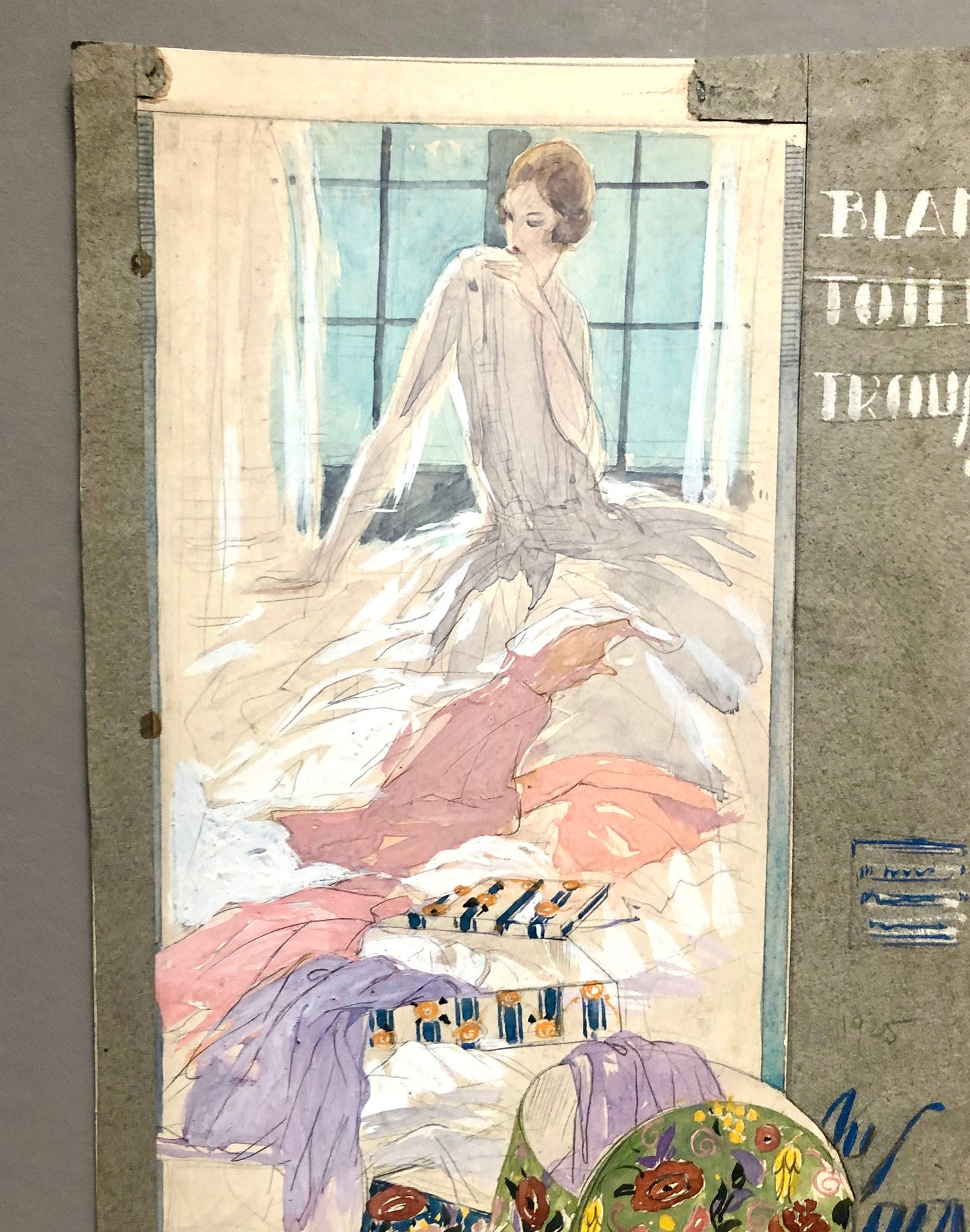 An Original Piece of Advertising For Linens. Hand Drawn and Painted. French . 1920’s. Excellent condition.