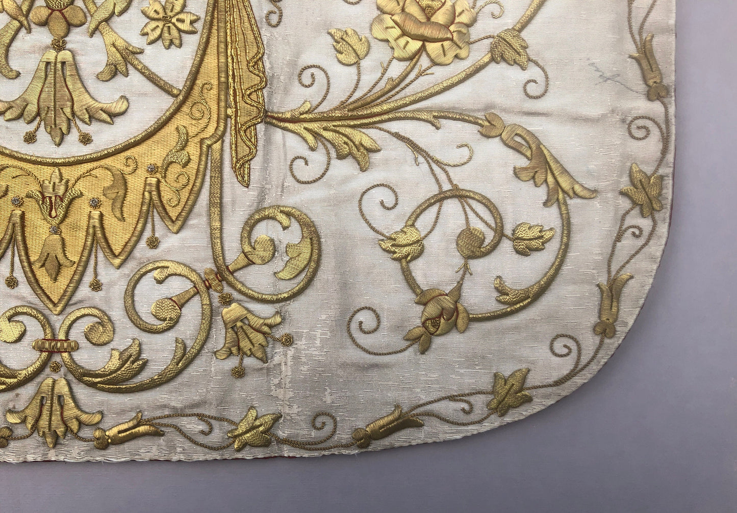 A Textile Sample From Lyon, France. Design For a Chasuble. Heavily Embroidered With Gold Thread. Late 19th Century. 58x 47.5 cms.