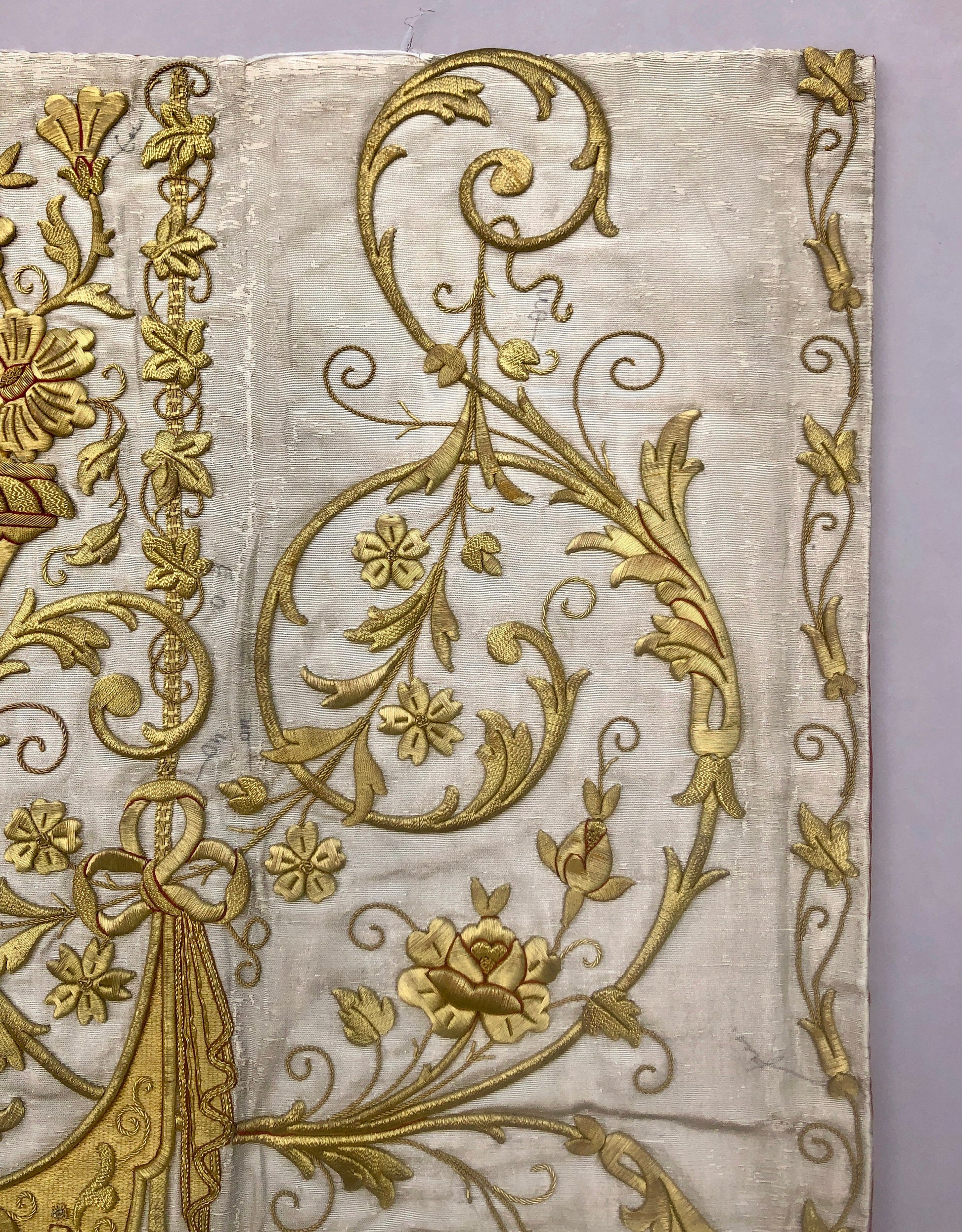 A Textile Sample From Lyon, France. Design For a Chasuble. Heavily Embroidered With Gold Thread. Late 19th Century. 58x 47.5 cms.