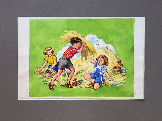 An Original Illustration From The 1950’s. Children Playing in a Haystack. Watercolour and Gouche. Size: 18.3 x 28.8 cms.