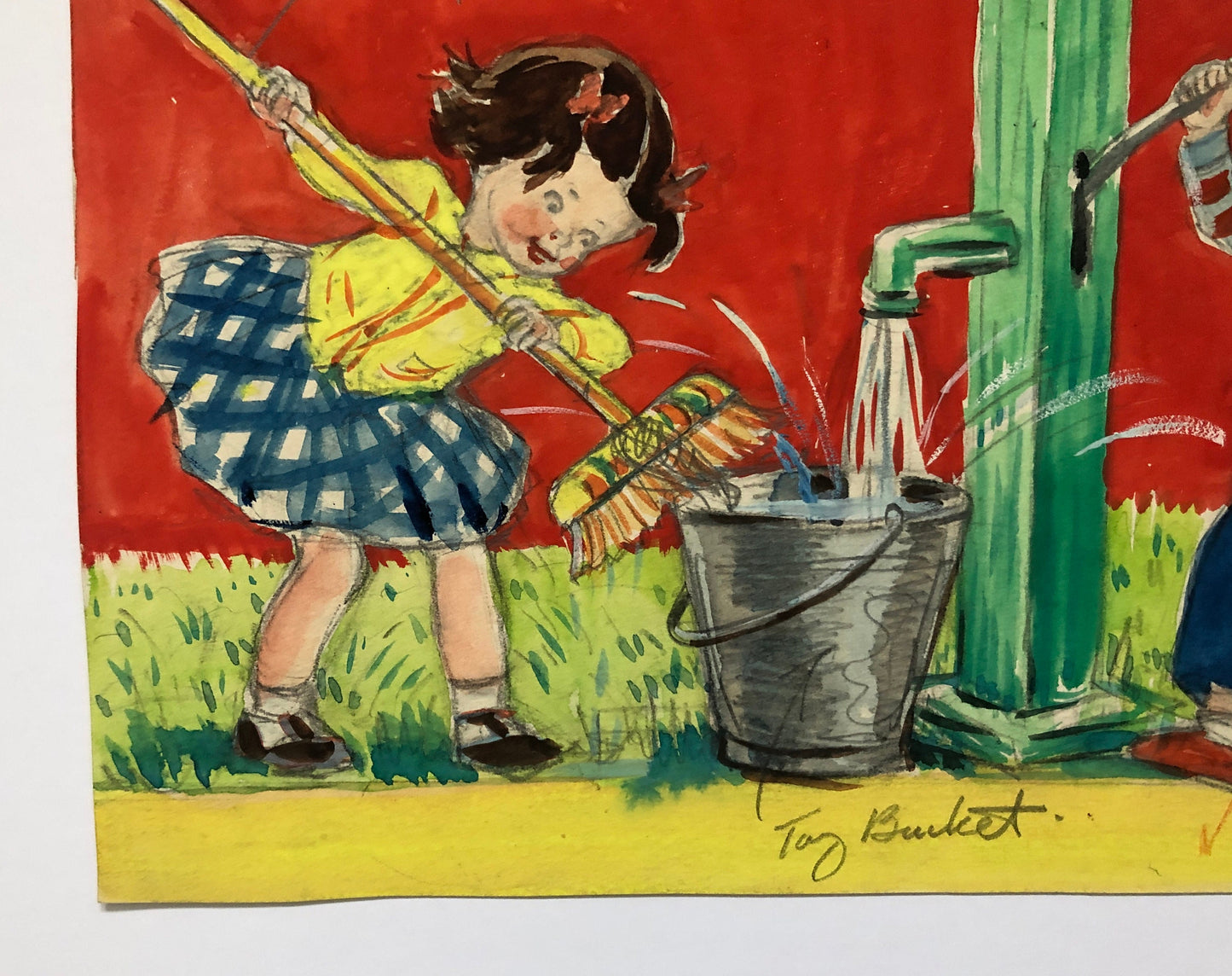 An Original Illustration From The 1950’s. Children Filling a Bucket. Watercolour and Gouche. Size: 18 x 24.3 cms.