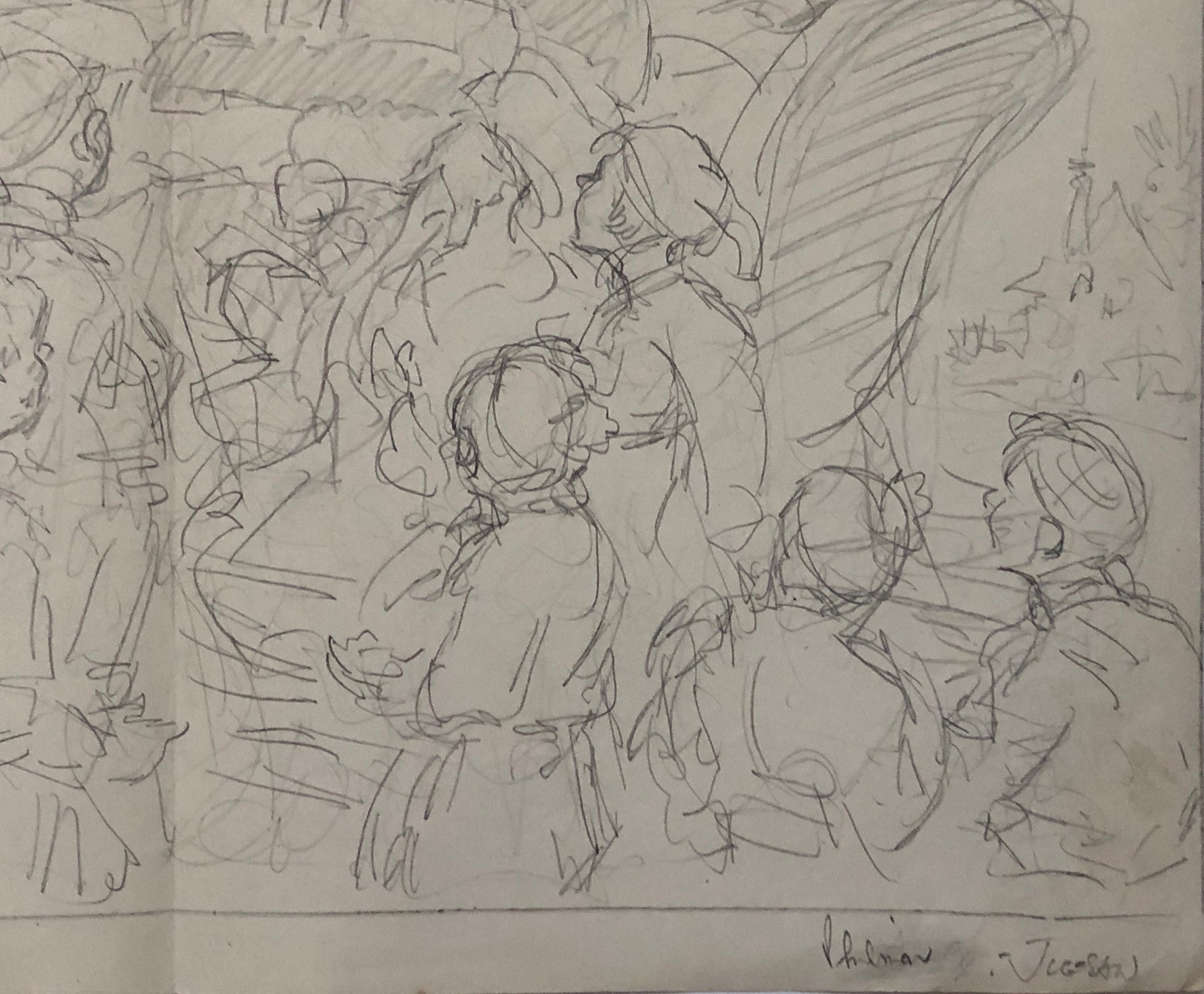 An Original Illustration From The 1950’s. Pencil Drawing. Children Visiting Santa Claus. Size: 27.8 x 38 cms.