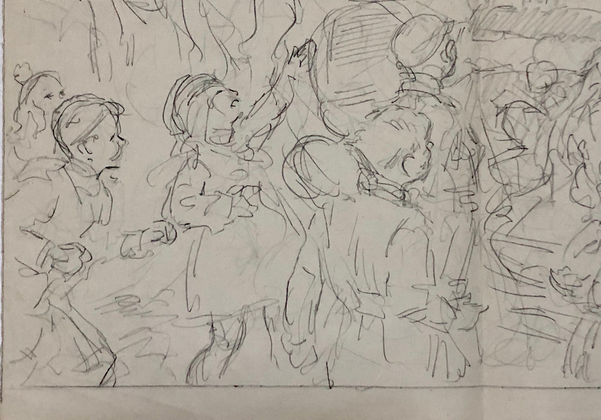 An Original Illustration From The 1950’s. Pencil Drawing. Children Visiting Santa Claus. Size: 27.8 x 38 cms.