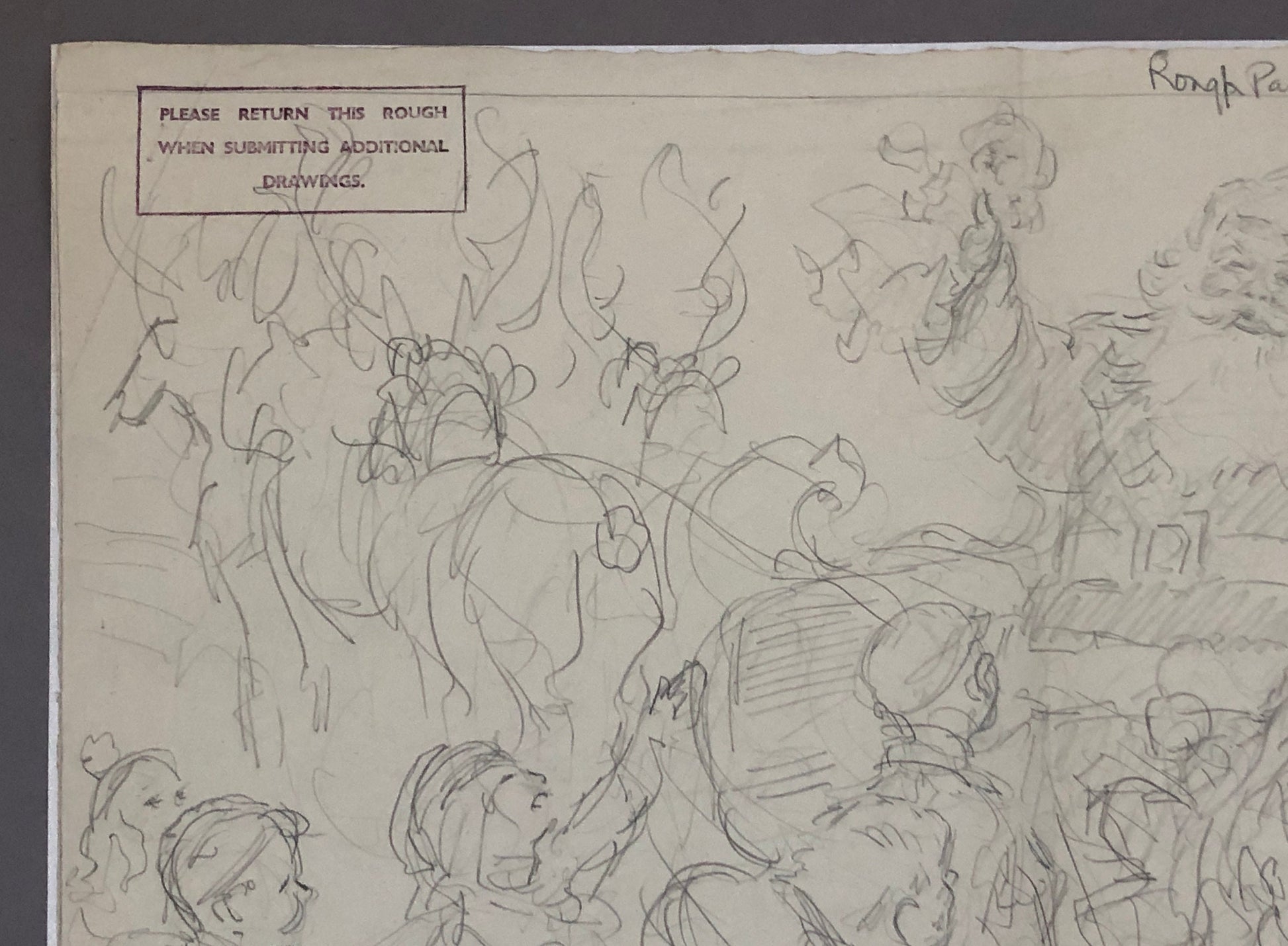 An Original Illustration From The 1950’s. Pencil Drawing. Children Visiting Santa Claus. Size: 27.8 x 38 cms.
