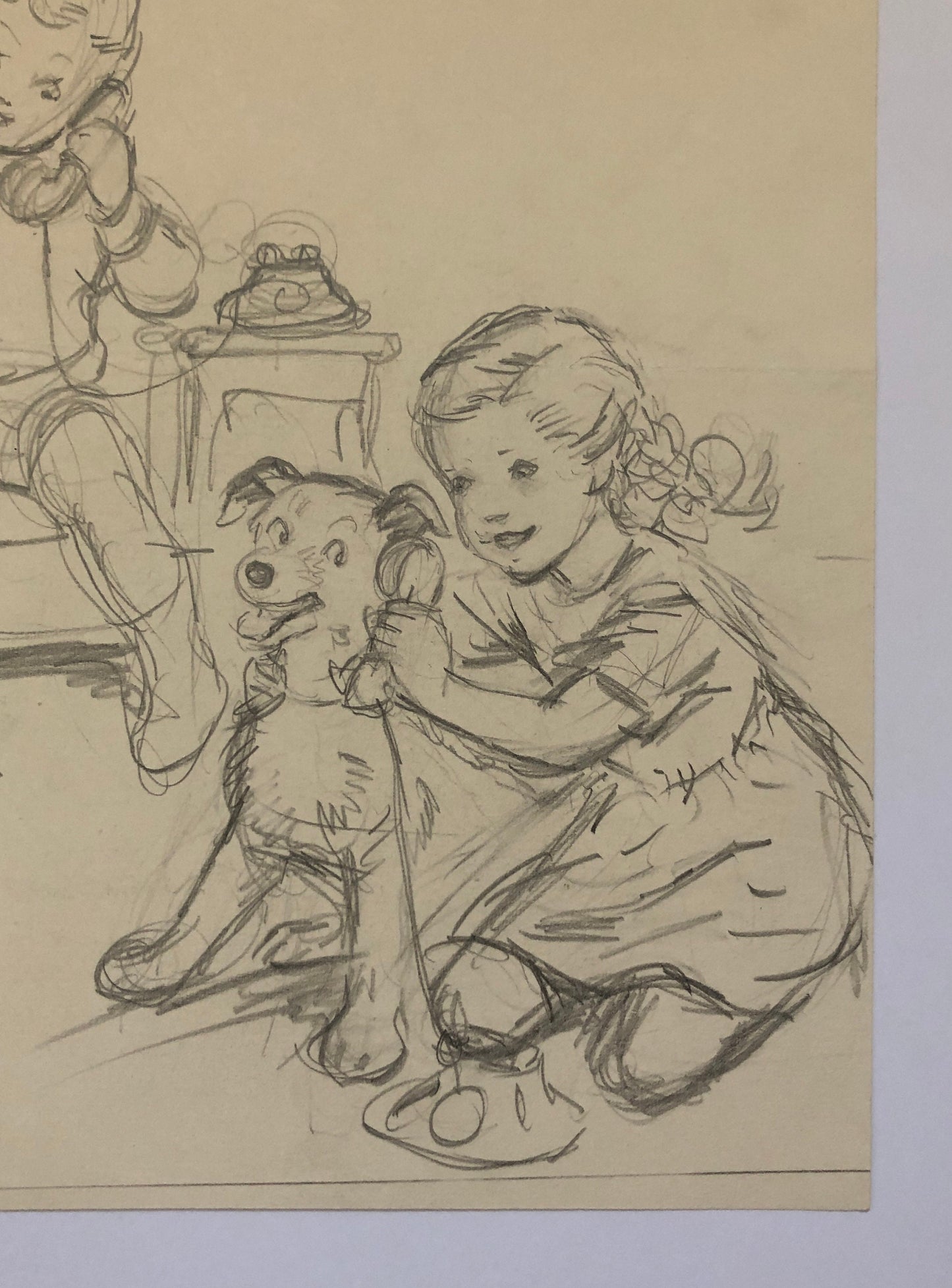 An Original Illustration From The 1950’s. Children With a Dog. Pencil Drawing. Size: 27 x 20.4 cms.