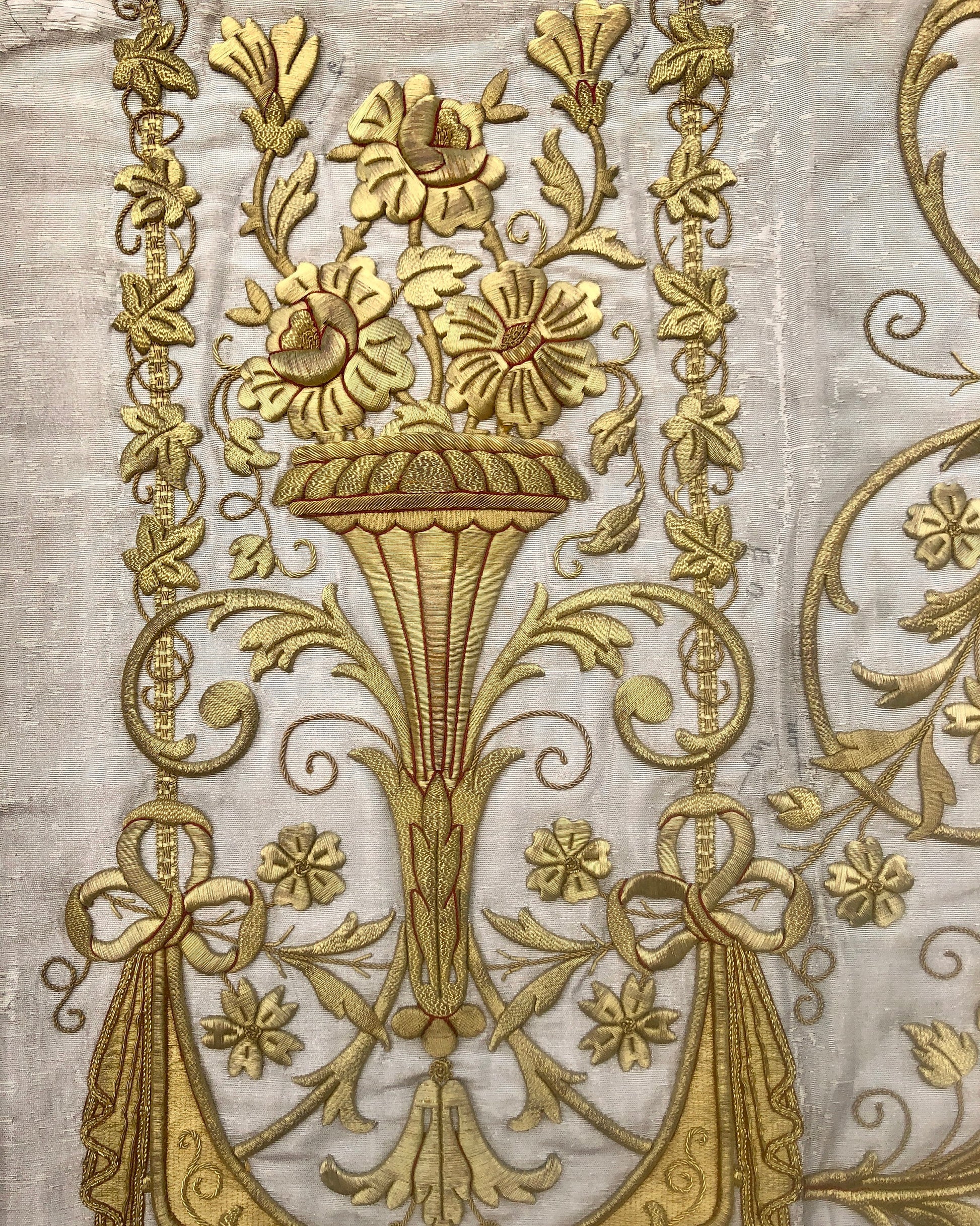 A Textile Sample From Lyon, France. Design For a Chasuble. Heavily Embroidered With Gold Thread. Late 19th Century. 58x 47.5 cms.