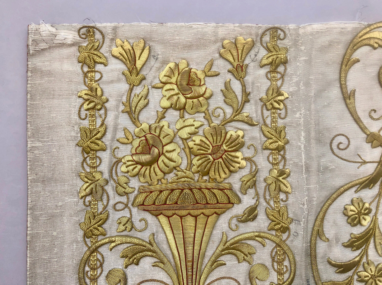 A Textile Sample From Lyon, France. Design For a Chasuble. Heavily Embroidered With Gold Thread. Late 19th Century. 58x 47.5 cms.