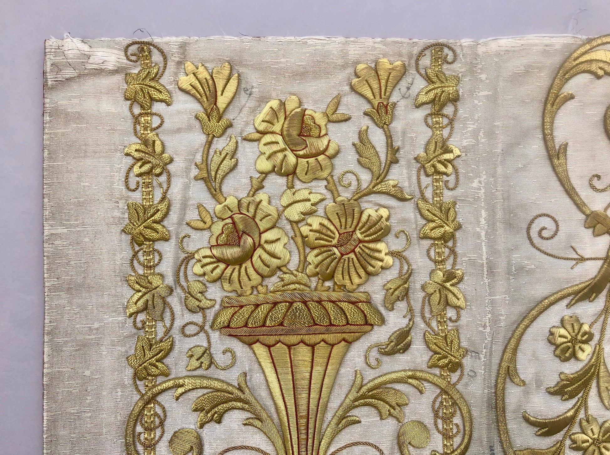 A Textile Sample From Lyon, France. Design For a Chasuble. Heavily Embroidered With Gold Thread. Late 19th Century. 58x 47.5 cms.