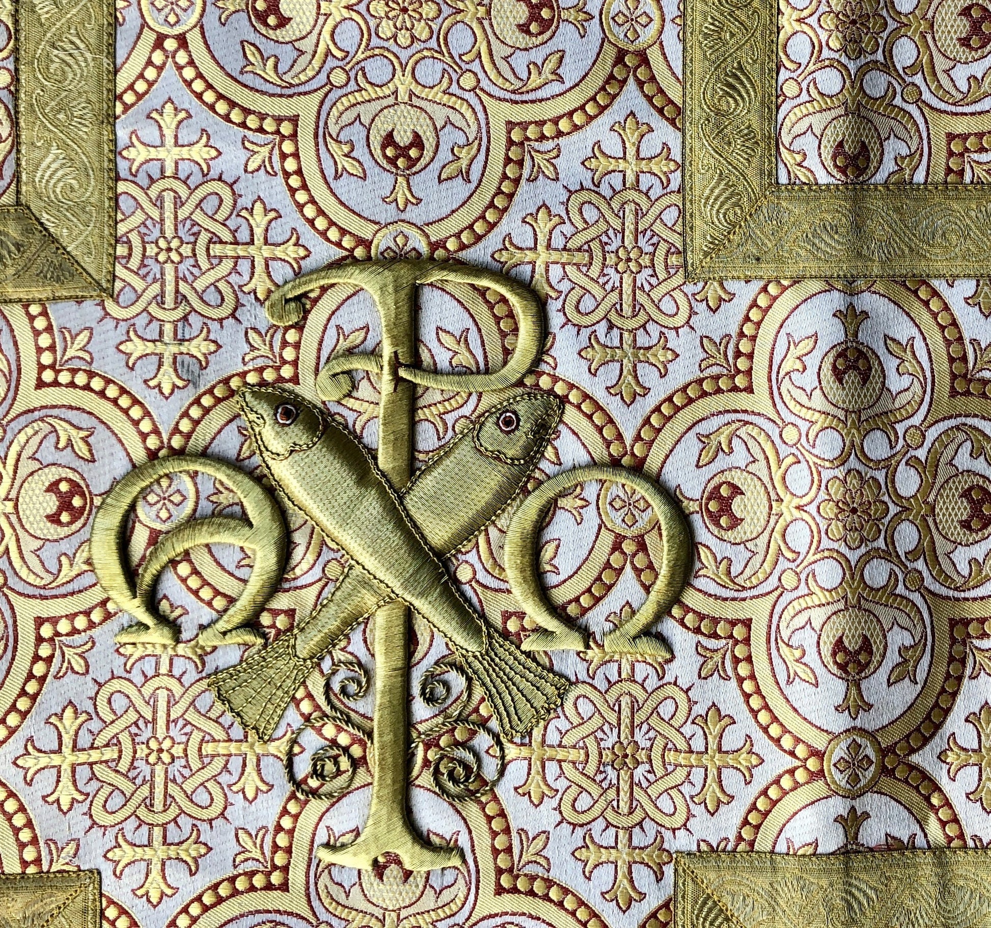 A Textile Sample From Lyon, France. Design For a Chasuble. Heavily Embroidered With Gold Thread. Late 19th Century. Size: 60.5 x 46 cms.