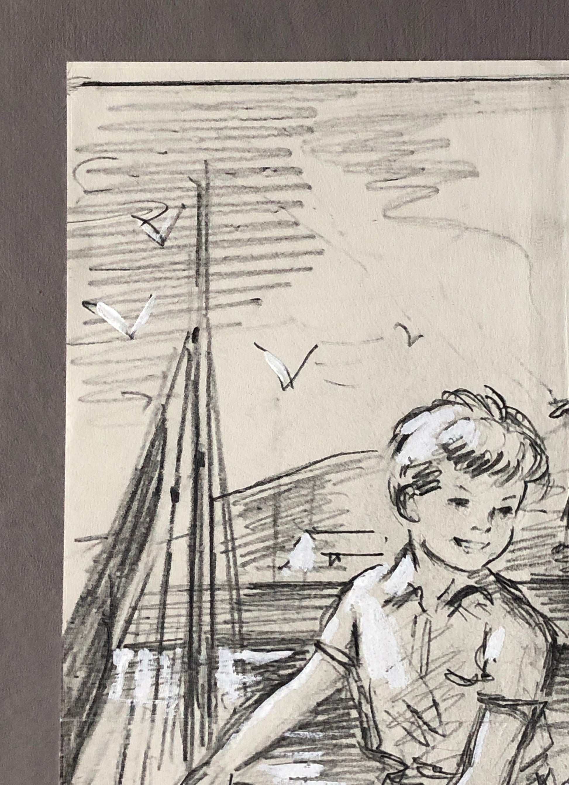 An Original Illustration From The 1950’s. Children Playing by The Sea. Pencil Drawing With Painted Highlights. Size: 26.5 x 20 cms.