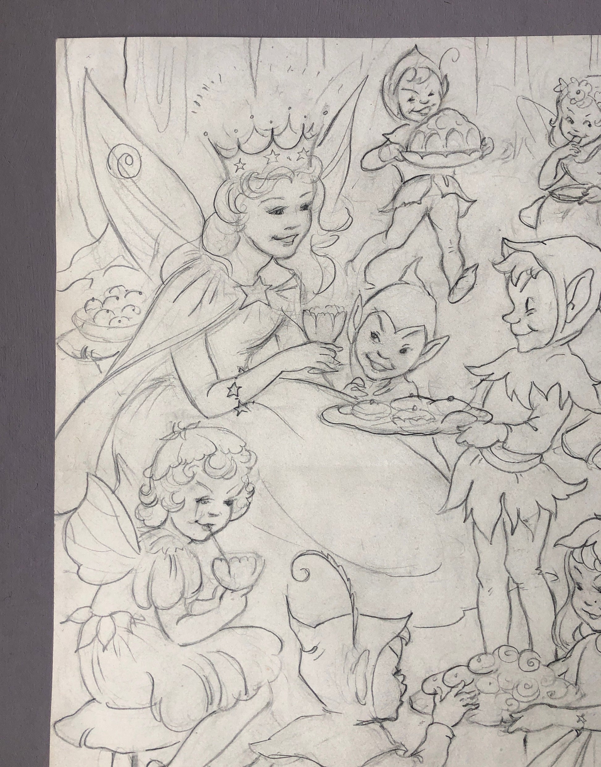 An Original Illustration From The 1950’s. The Fairy Queen and Pixies. Pencil Drawing. Size: 31.4 x 24 cms.