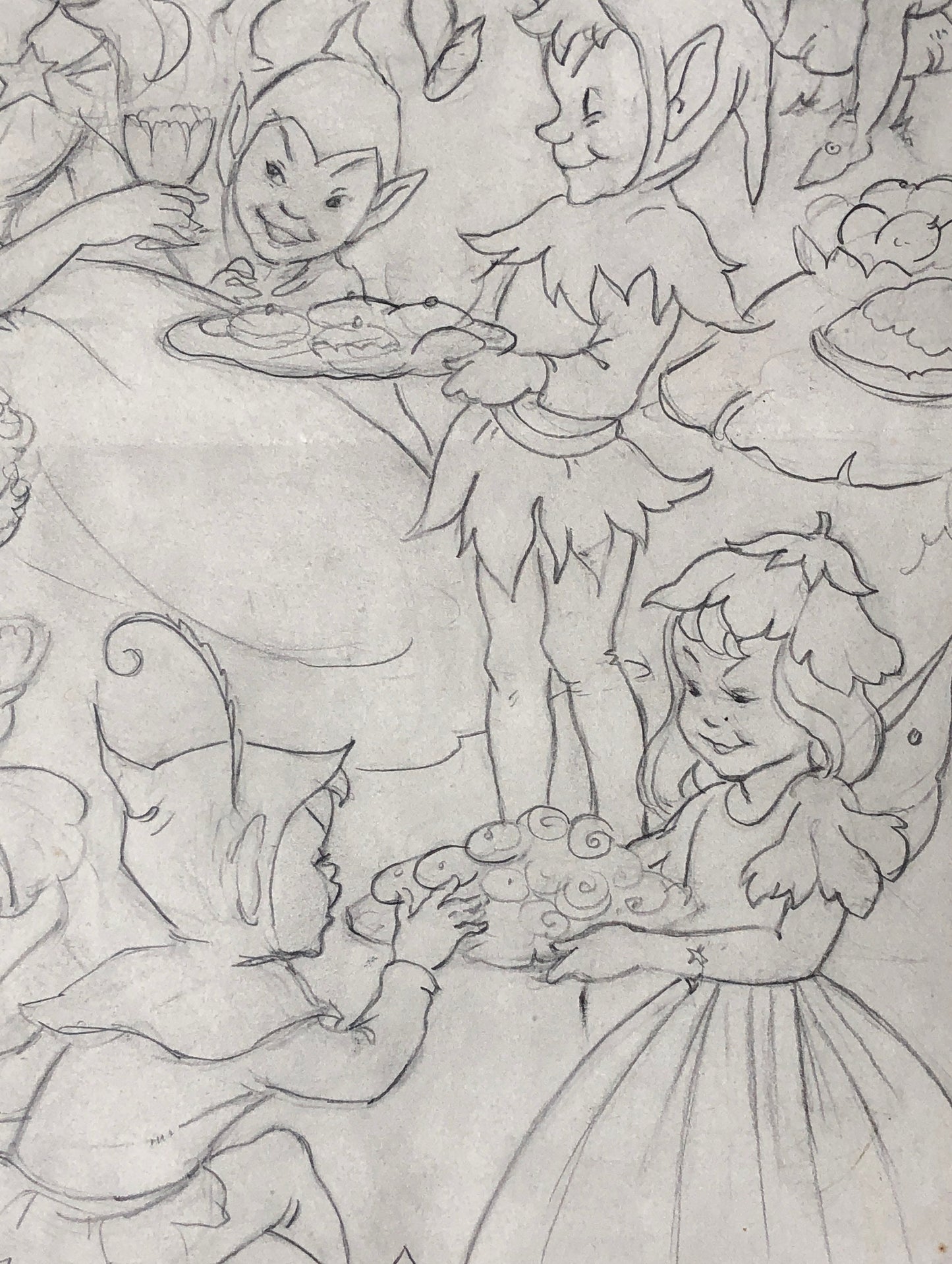 An Original Illustration From The 1950’s. The Fairy Queen and Pixies. Pencil Drawing. Size: 31.4 x 24 cms.