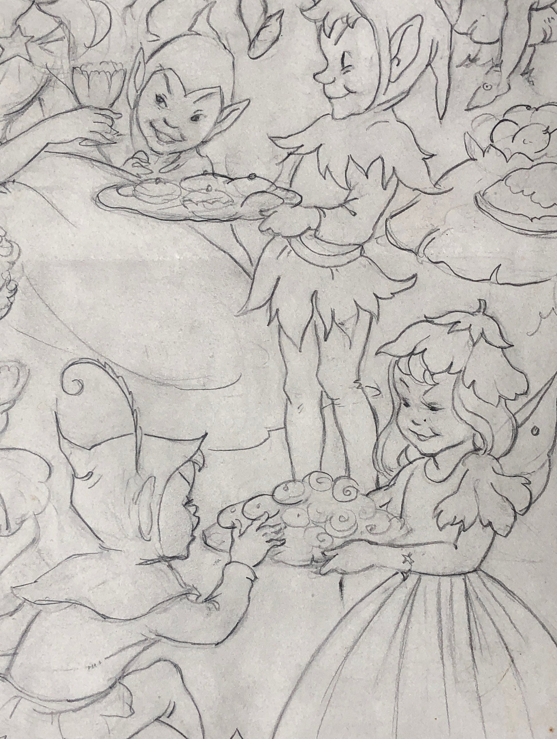 An Original Illustration From The 1950’s. The Fairy Queen and Pixies. Pencil Drawing. Size: 31.4 x 24 cms.