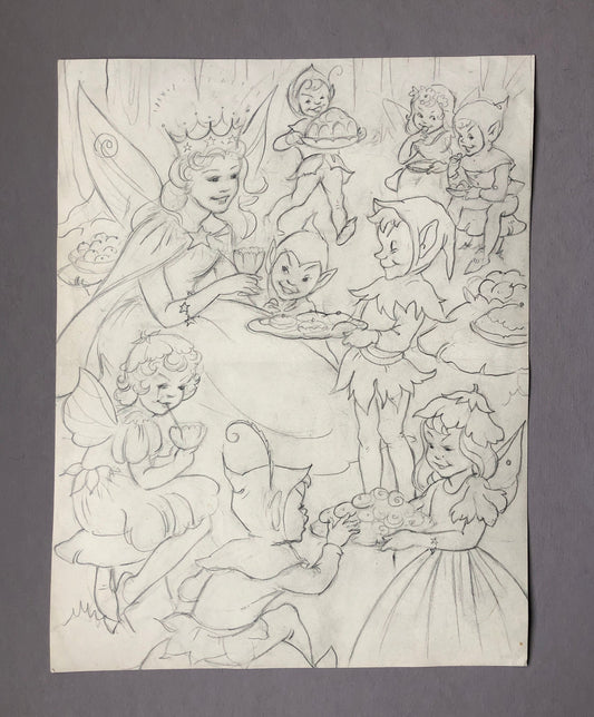 An Original Illustration From The 1950’s. The Fairy Queen and Pixies. Pencil Drawing. Size: 31.4 x 24 cms.