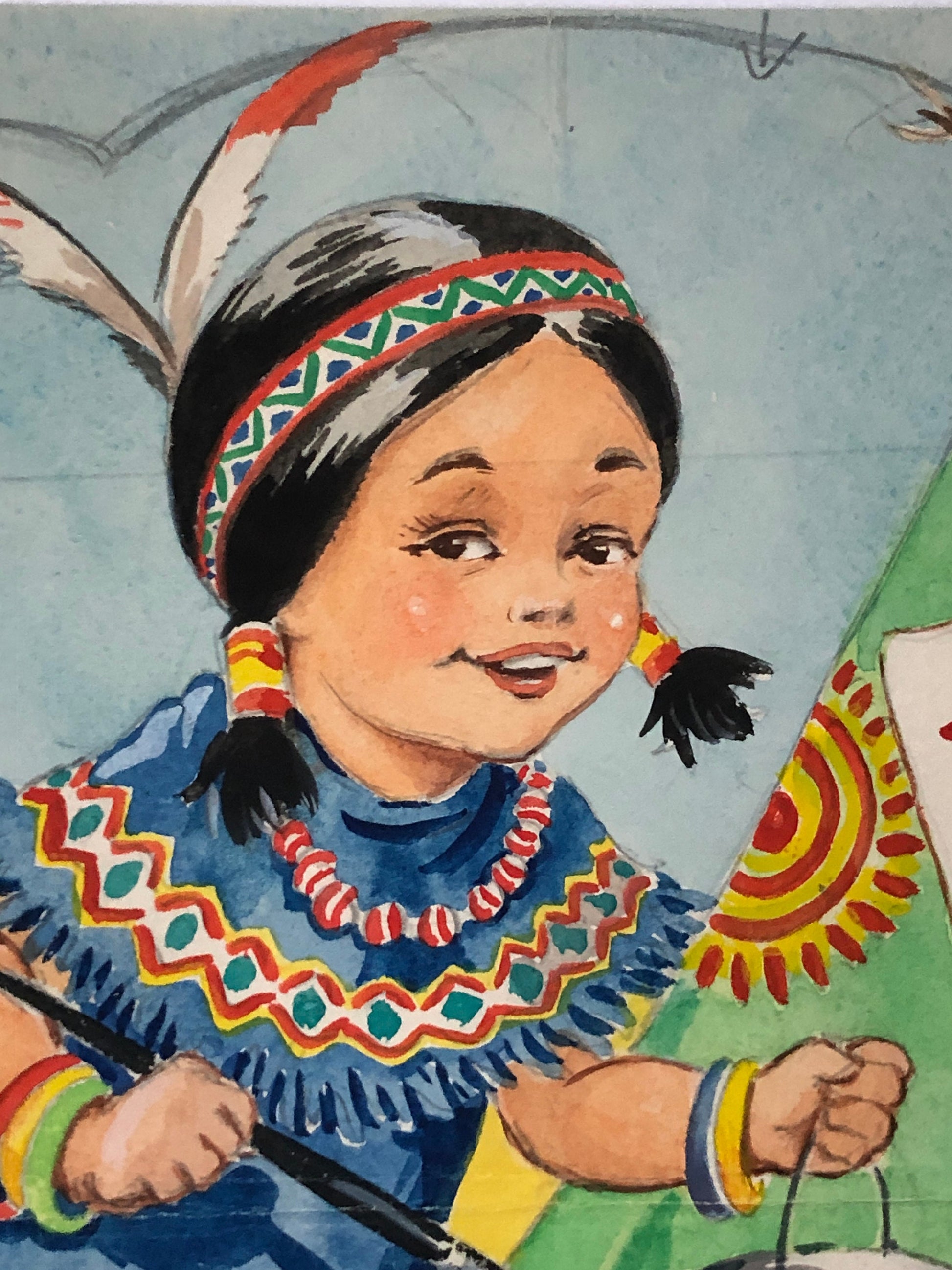 An Original Illustration From The 1950’s. Girl Dressed a A Native American. Watercolour. Size: 30.5 x 23.2 cms.