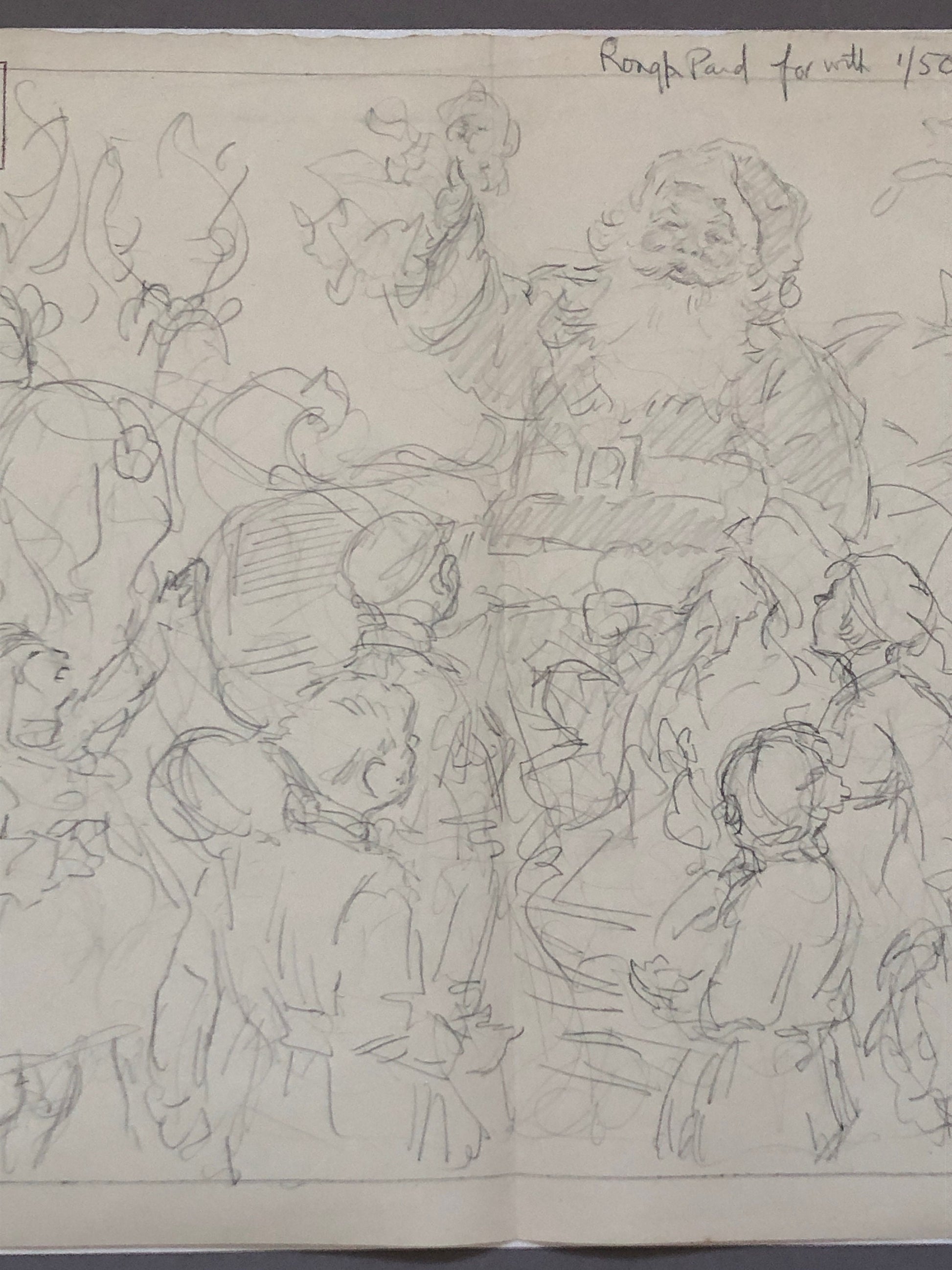 An Original Illustration From The 1950’s. Pencil Drawing. Children Visiting Santa Claus. Size: 27.8 x 38 cms.