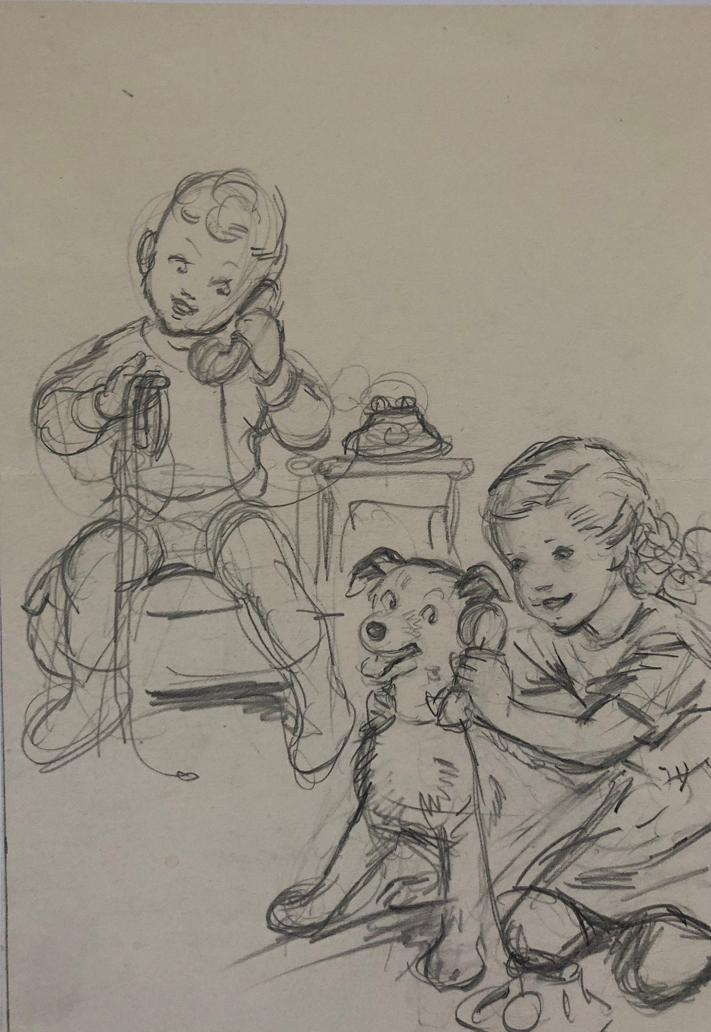 An Original Illustration From The 1950’s. Children With a Dog. Pencil Drawing. Size: 27 x 20.4 cms.