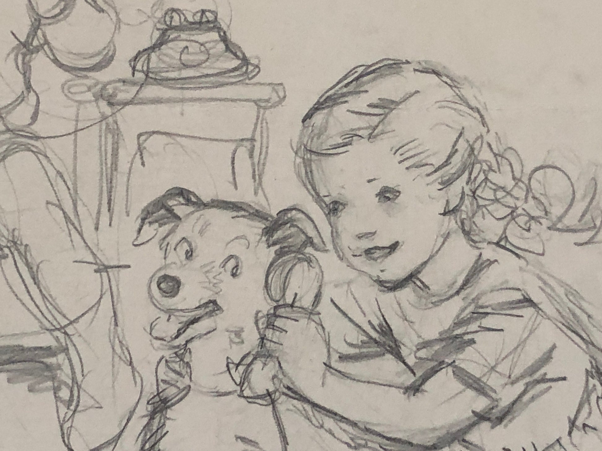 An Original Illustration From The 1950’s. Children With a Dog. Pencil Drawing. Size: 27 x 20.4 cms.