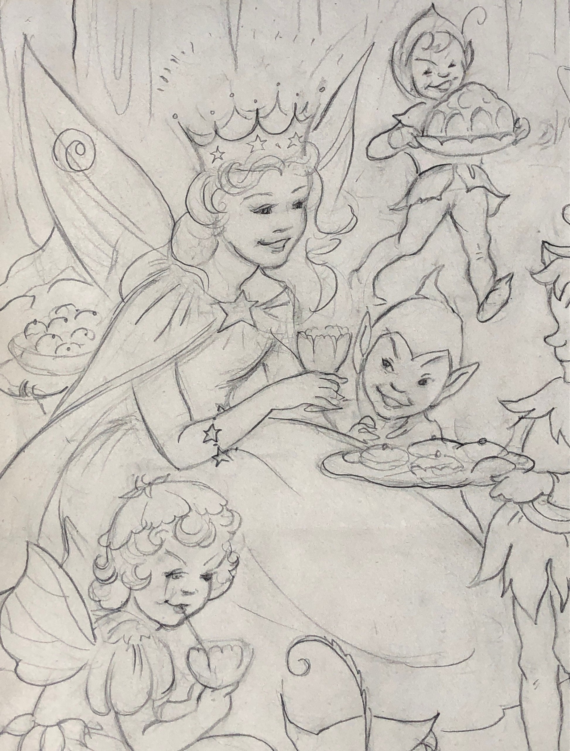 An Original Illustration From The 1950’s. The Fairy Queen and Pixies. Pencil Drawing. Size: 31.4 x 24 cms.