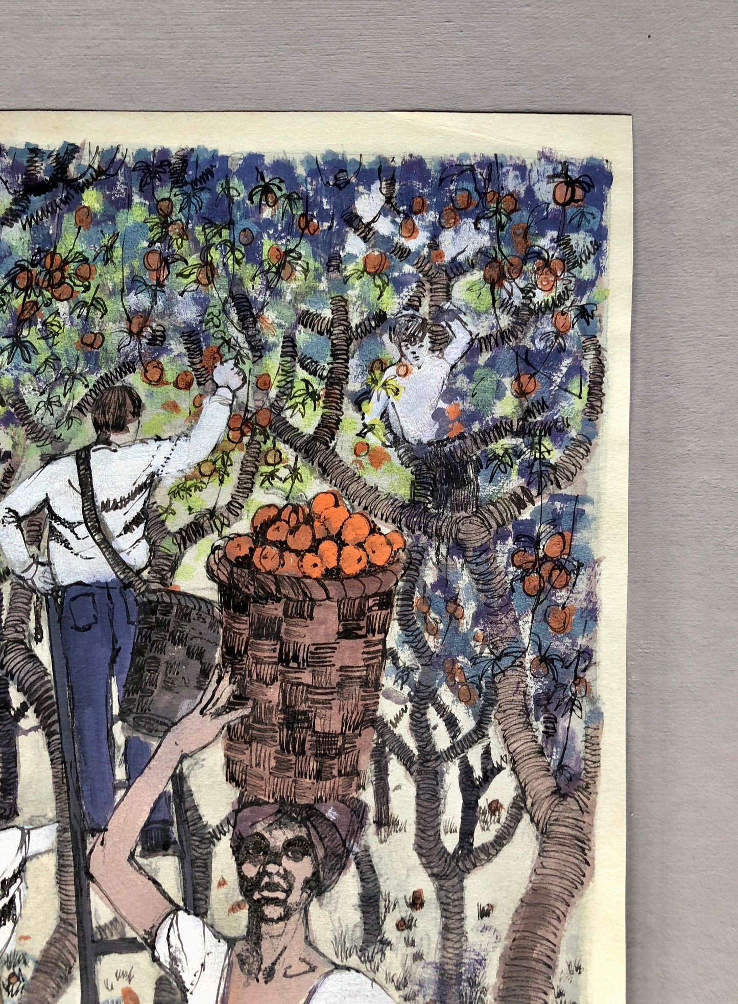 An Original Artwork Entitled The Apple Gatherers. An Examination Piece. Paint and Ink. Unsigned. Possibly 1960’s. Size: 36.4 x 24 cms.