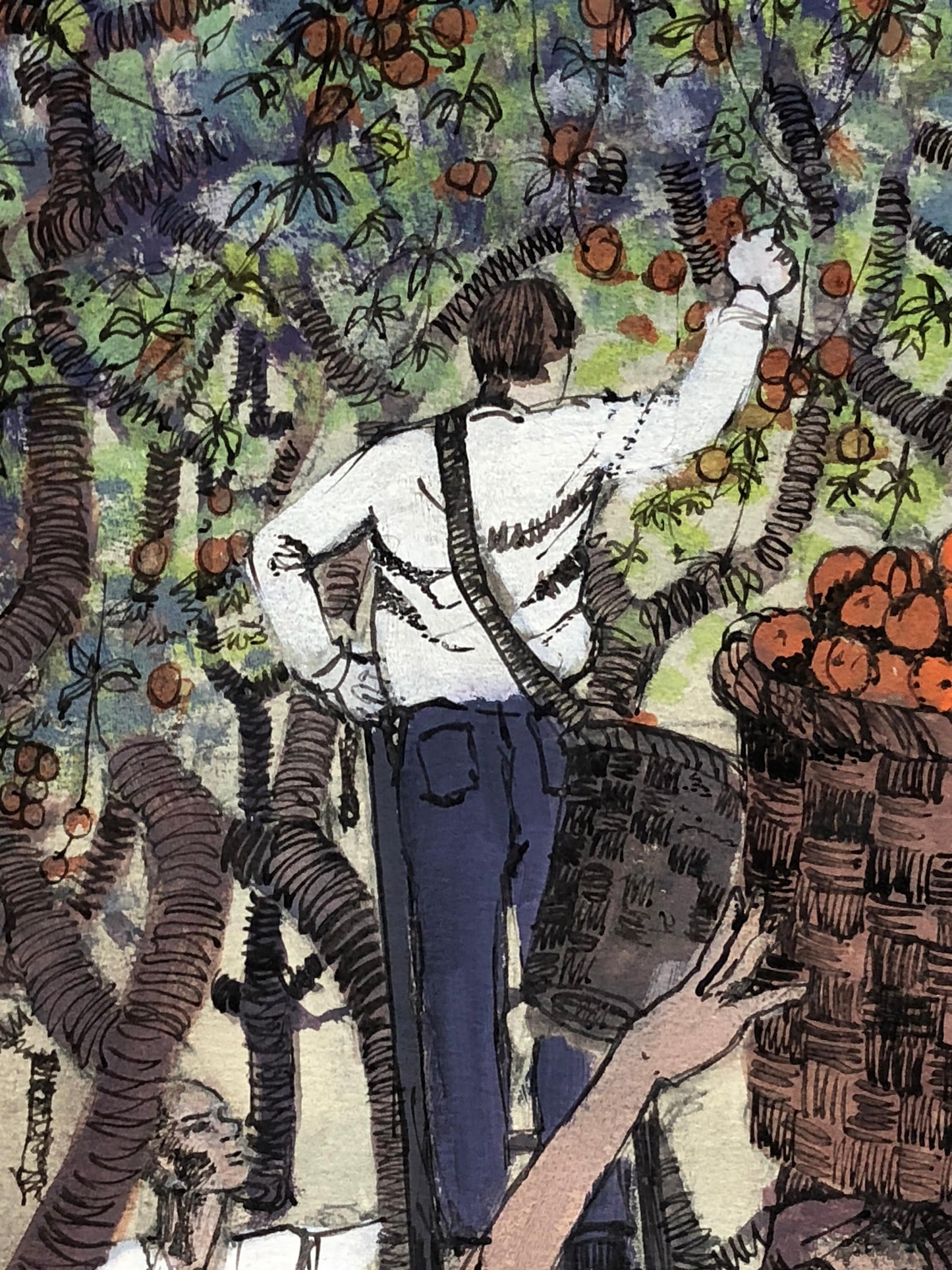 An Original Artwork Entitled The Apple Gatherers. An Examination Piece. Paint and Ink. Unsigned. Possibly 1960’s. Size: 36.4 x 24 cms.